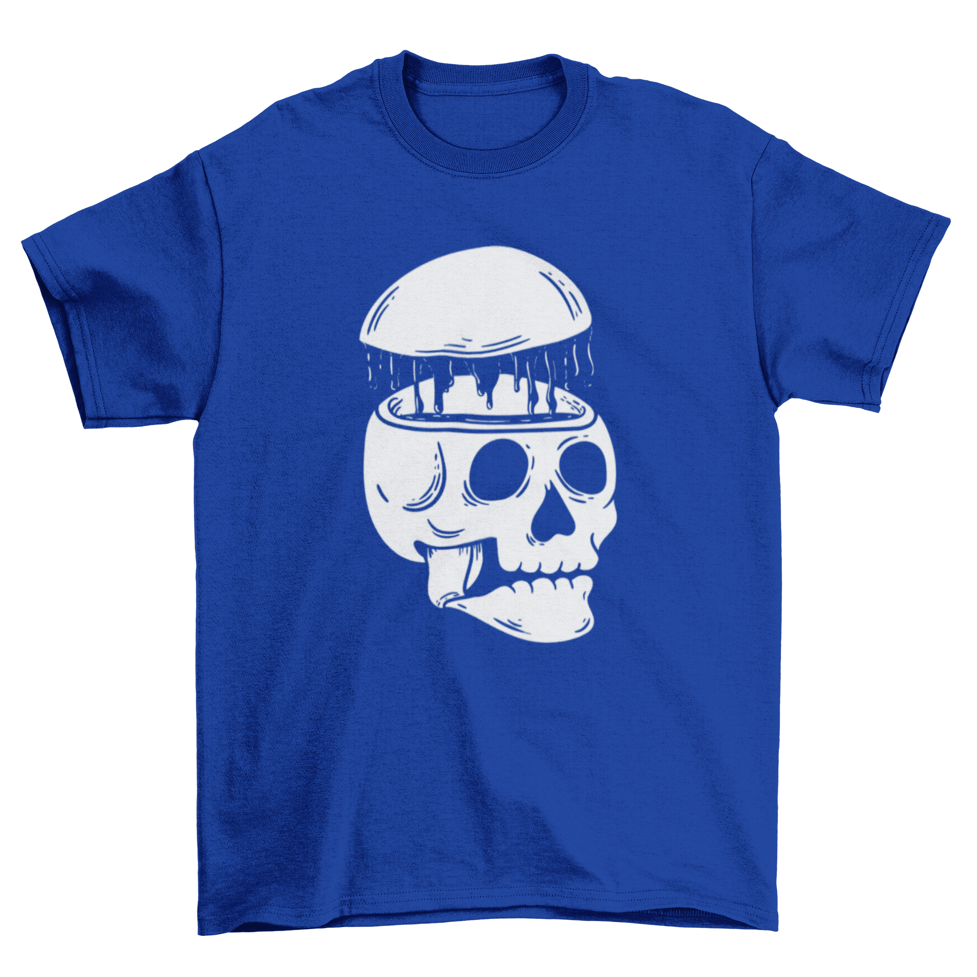 A spooky t-shirt featuring a split skeleton head design, perfect for Halloween and themed events.