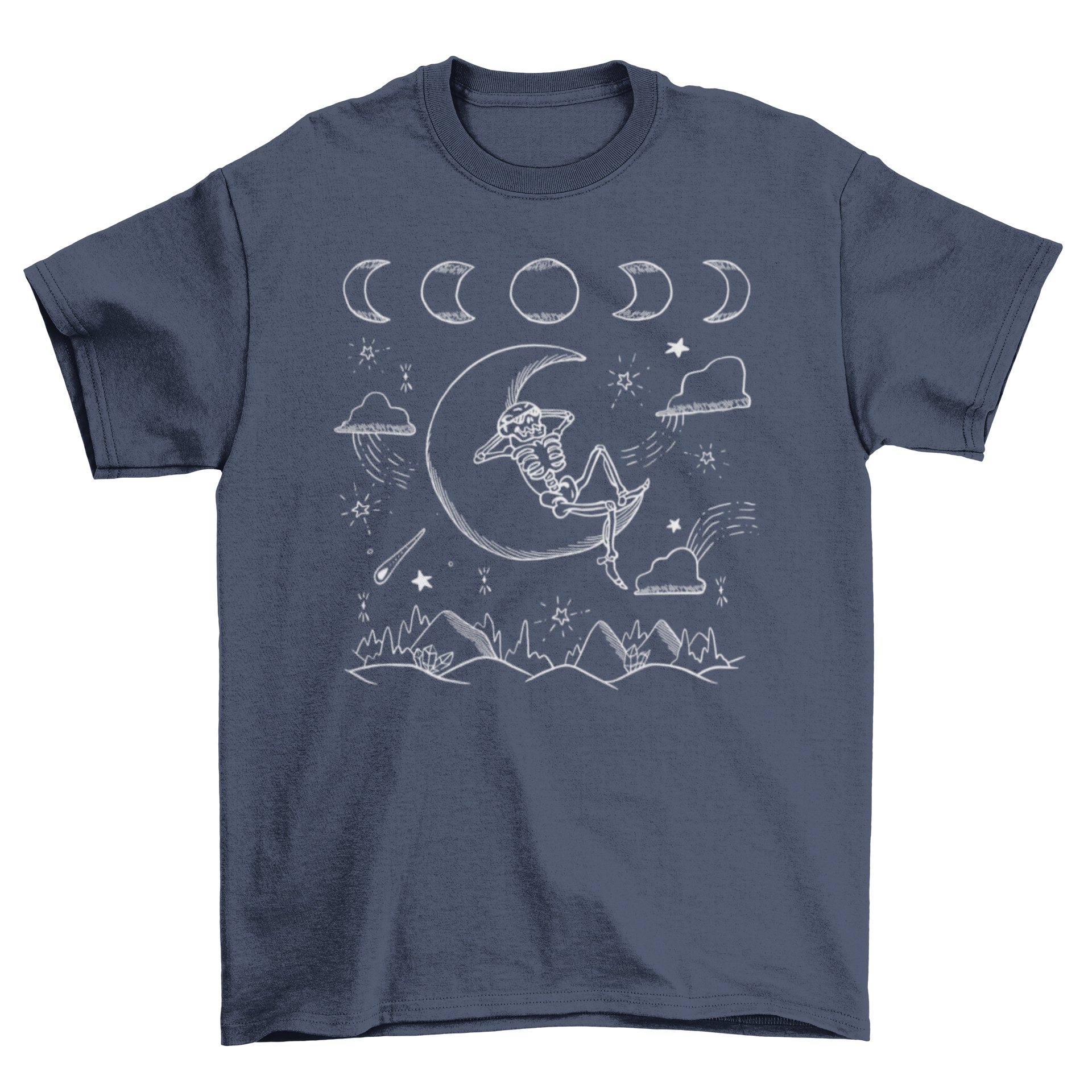 Skeleton in moon and mountains t-shirt featuring chalk style design with natural elements.