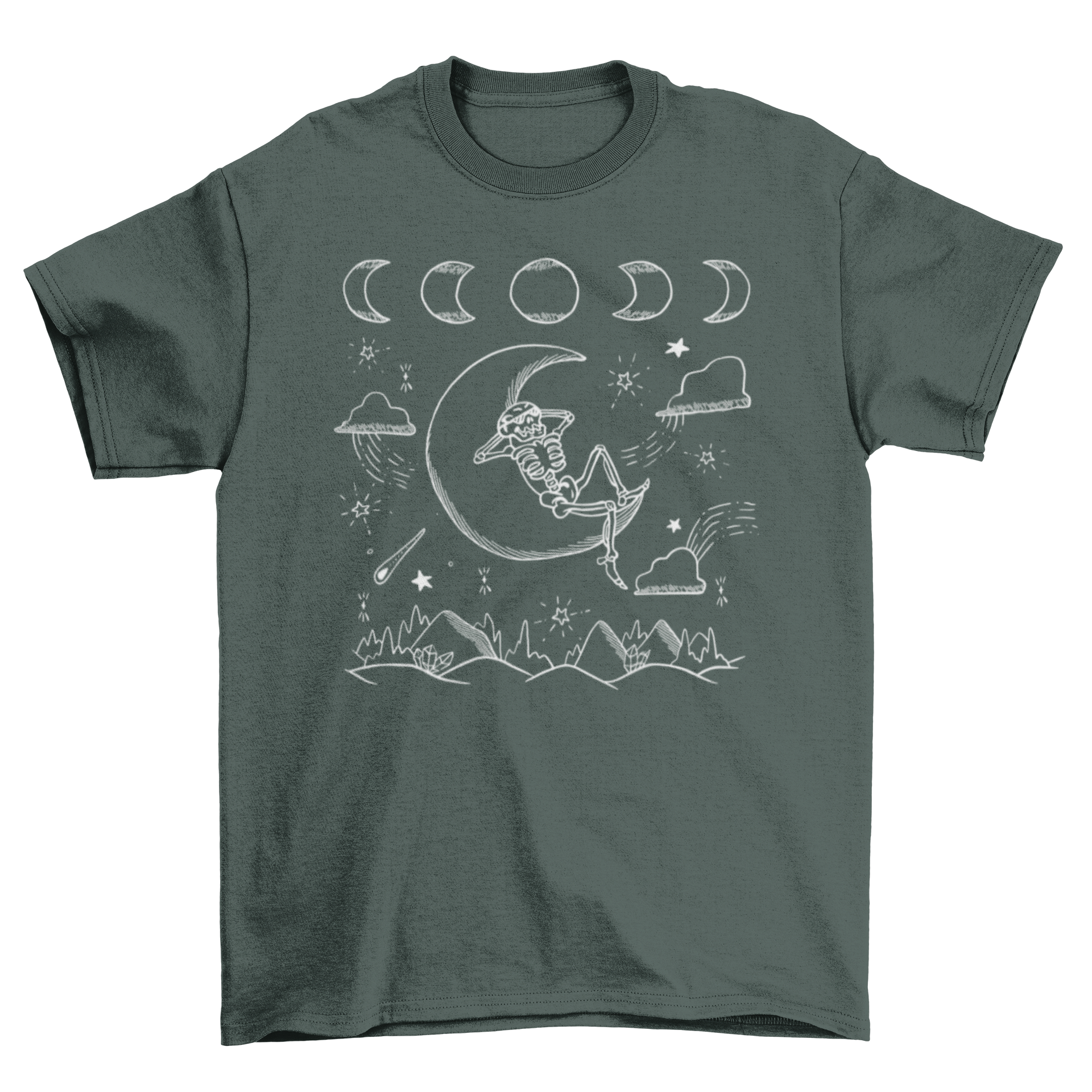 Skeleton in moon and mountains t-shirt featuring chalk style design with natural elements.