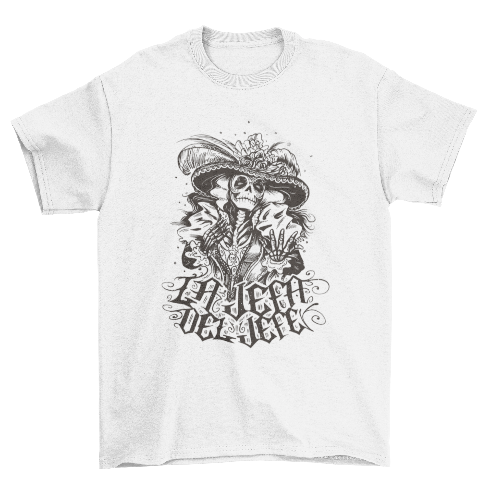 Hand drawn t-shirt featuring a Mexican skeleton woman with the quote 'La jefa del jefe' in Spanish, showcasing vibrant colors and intricate details.