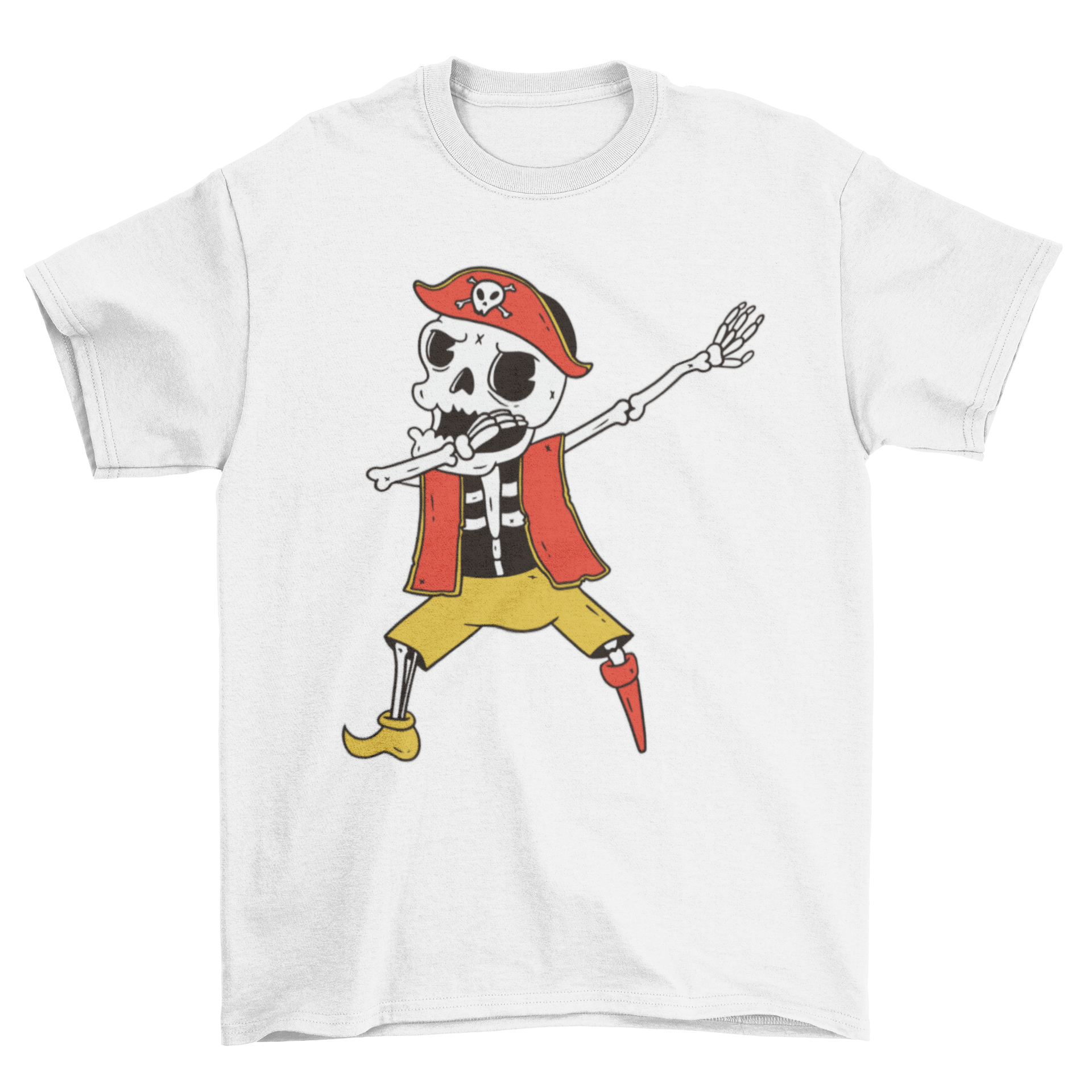 A cartoon skeleton dressed as a pirate doing the dab dance move on a t-shirt.