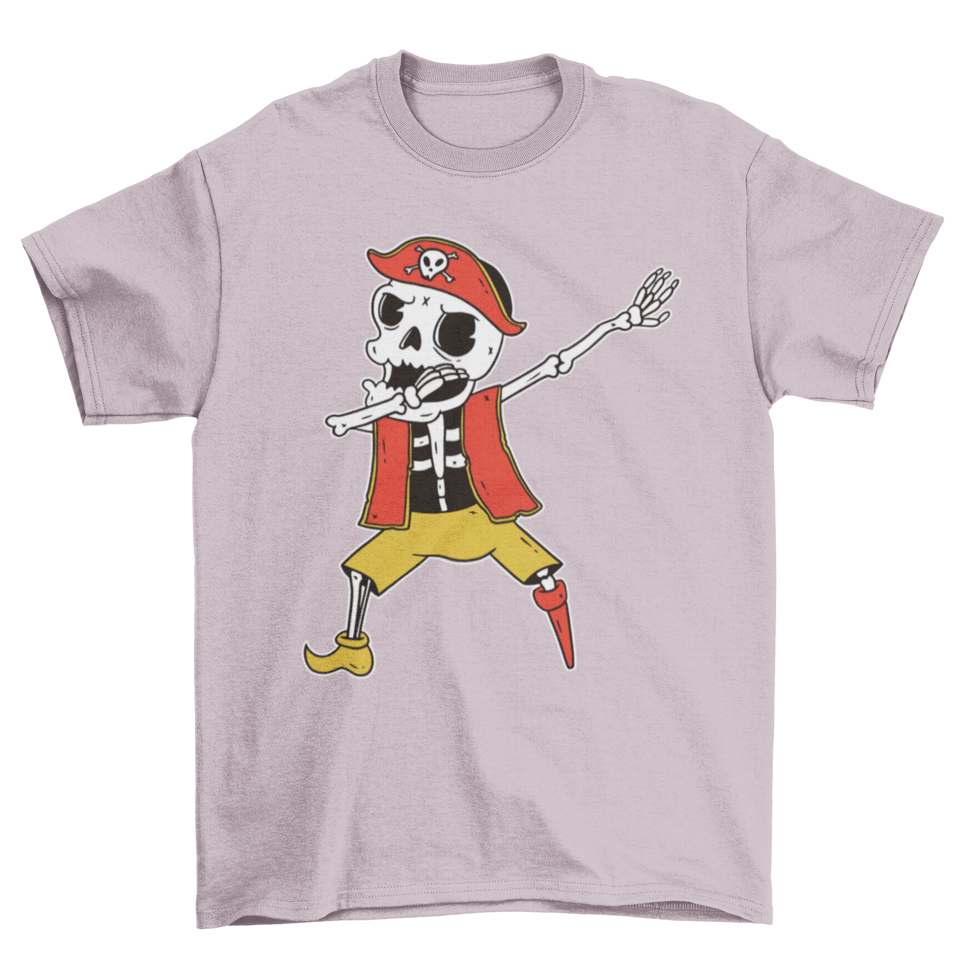 A cartoon skeleton dressed as a pirate doing the dab dance move on a t-shirt.