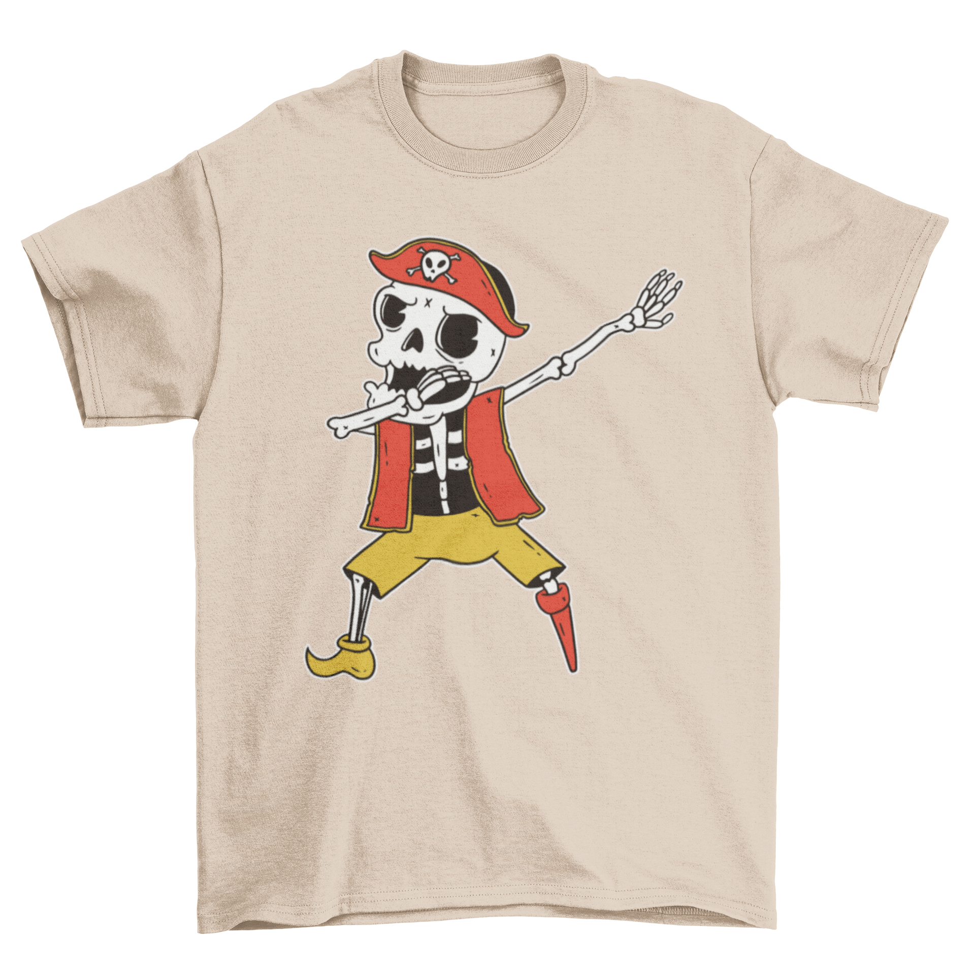 A cartoon skeleton dressed as a pirate doing the dab dance move on a t-shirt.