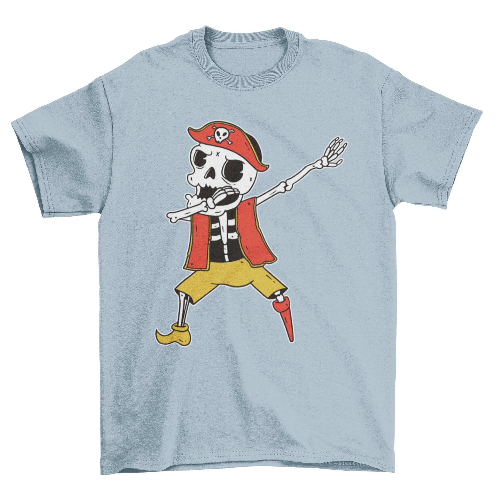 A cartoon skeleton dressed as a pirate doing the dab dance move on a t-shirt.