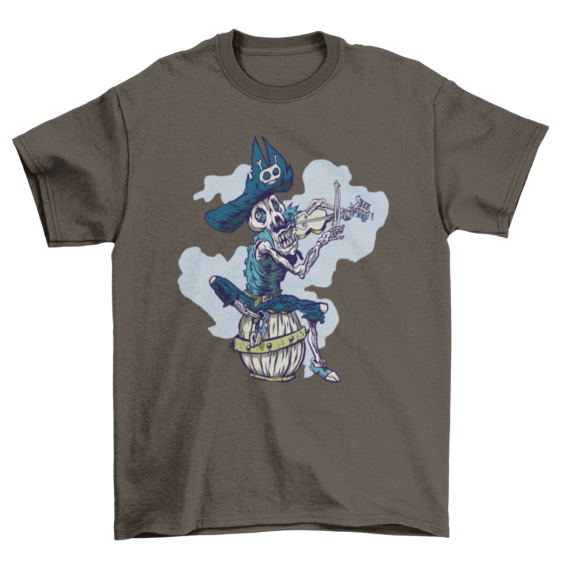 A stylish t-shirt featuring a skeleton pirate playing a violin, showcasing a unique and artistic design.