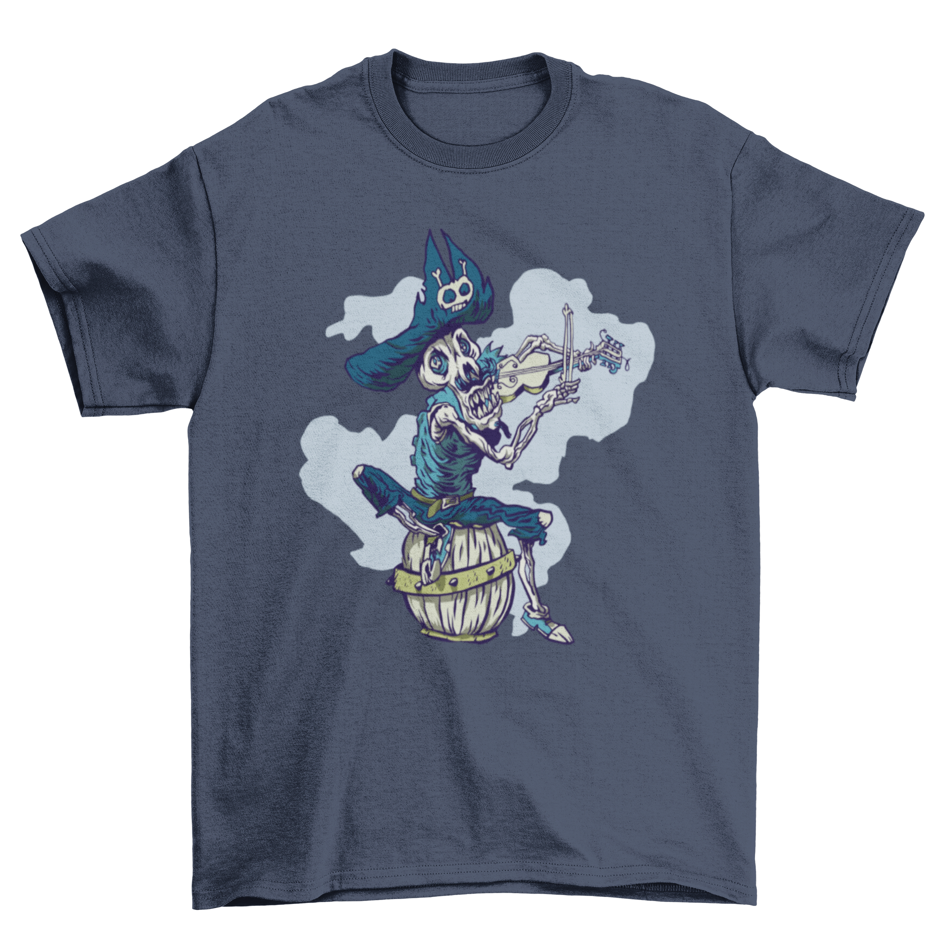 A stylish t-shirt featuring a skeleton pirate playing a violin, showcasing a unique and artistic design.