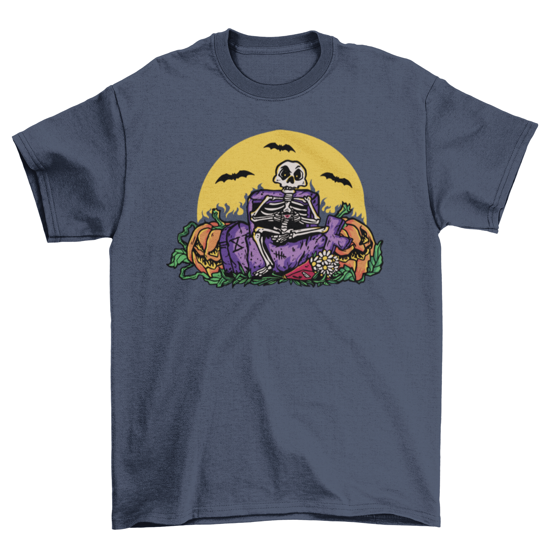 A cool t-shirt design featuring a skeleton playing with a joystick in a spooky cemetery setting.