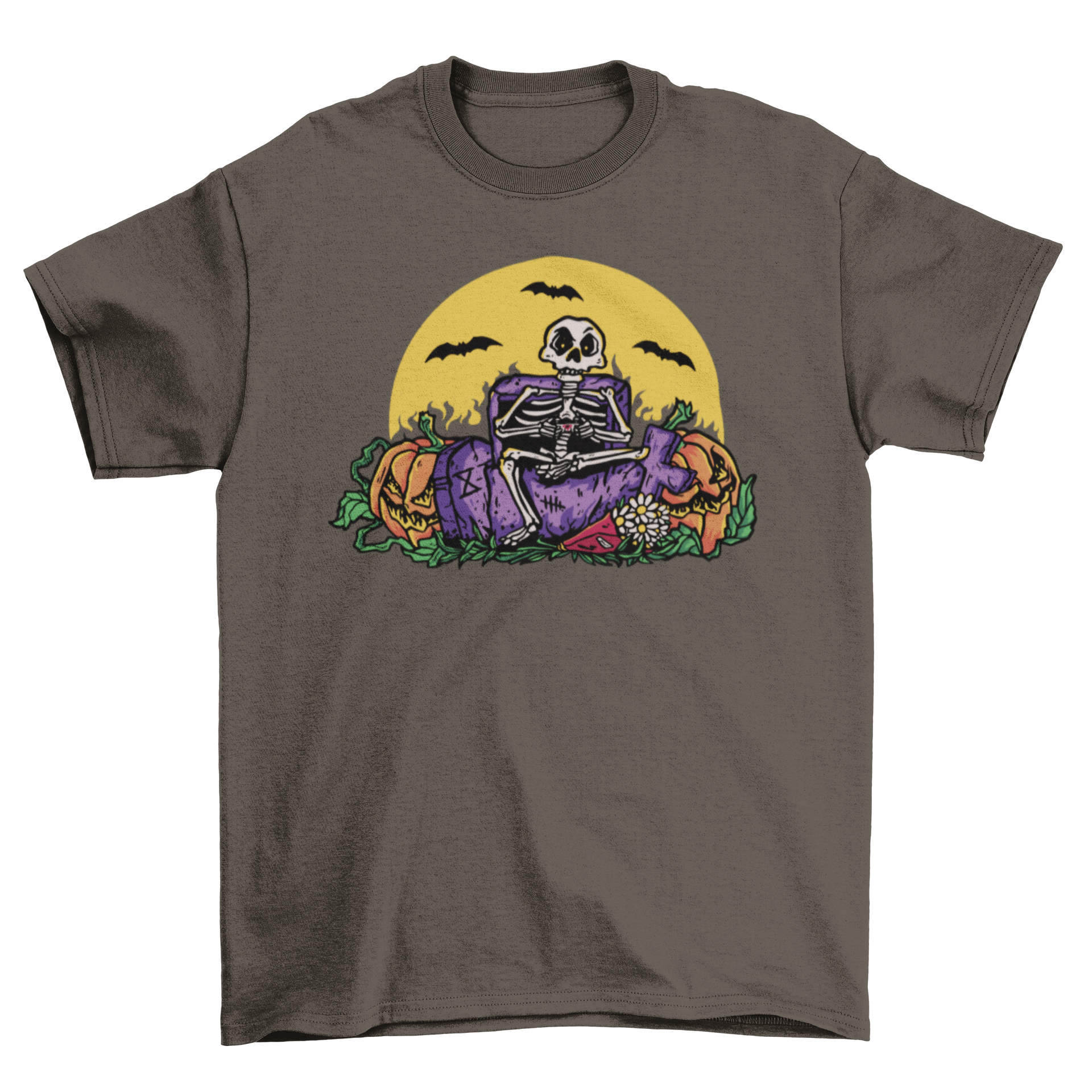 A cool t-shirt design featuring a skeleton playing with a joystick in a spooky cemetery setting.