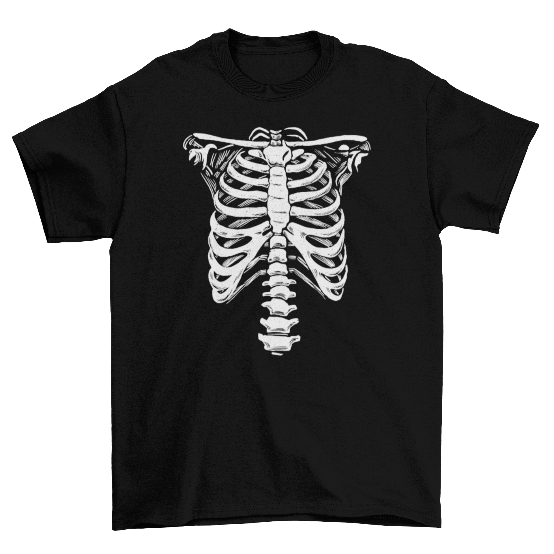 A stylish Skeleton ribcage costume t-shirt featuring a hand-drawn skeleton design, perfect for Halloween and costume parties.