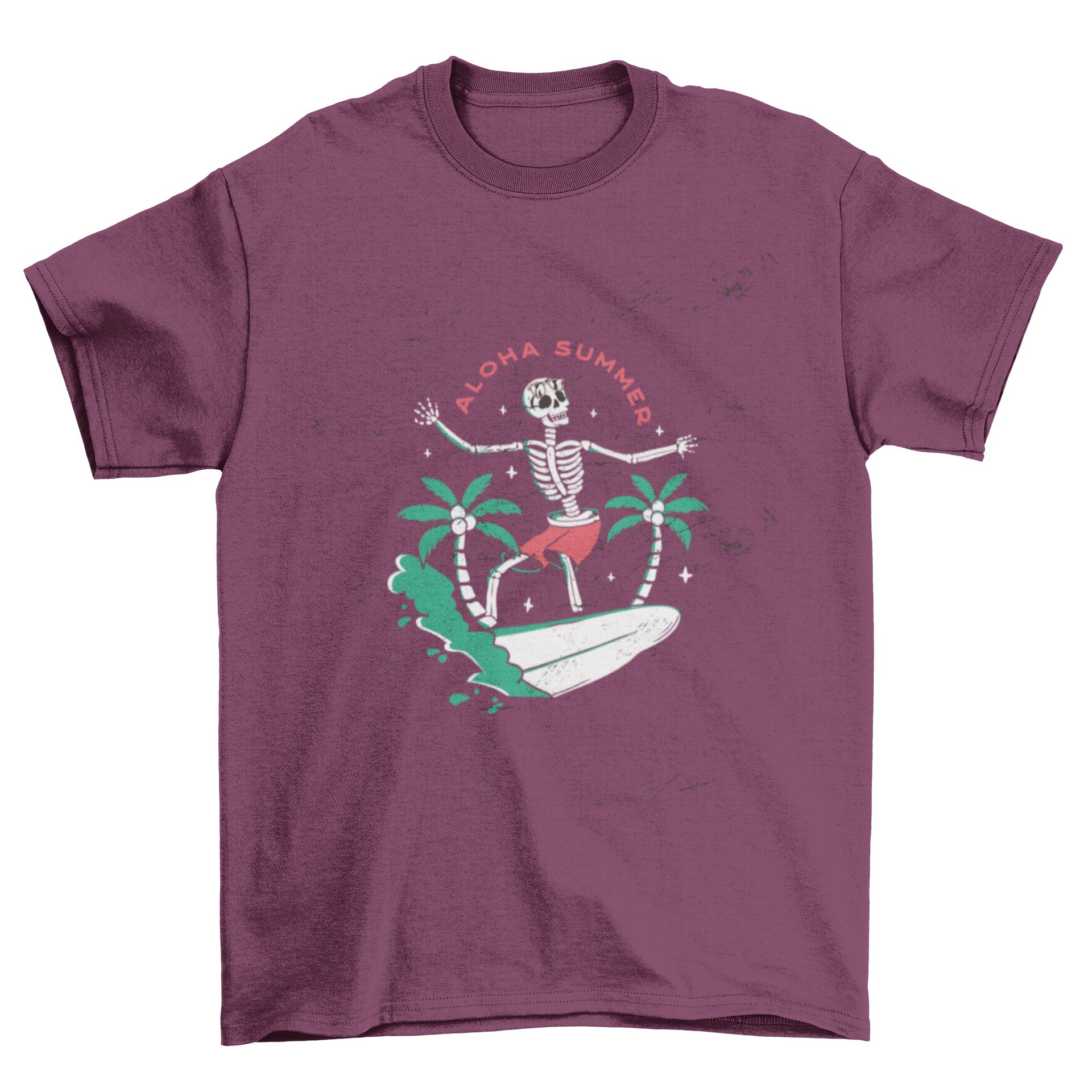 Skeleton wearing a colorful swimsuit and surfing on a wave, featured on a summer t-shirt.