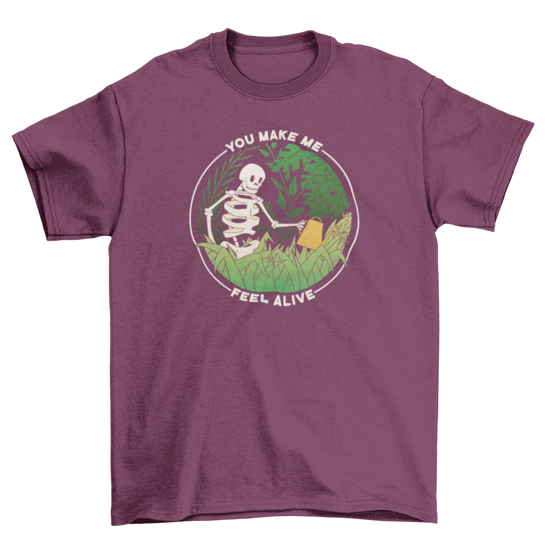 A stylish t-shirt featuring a skeleton watering plants with the quote 'You make me feel alive', perfect for plant lovers.