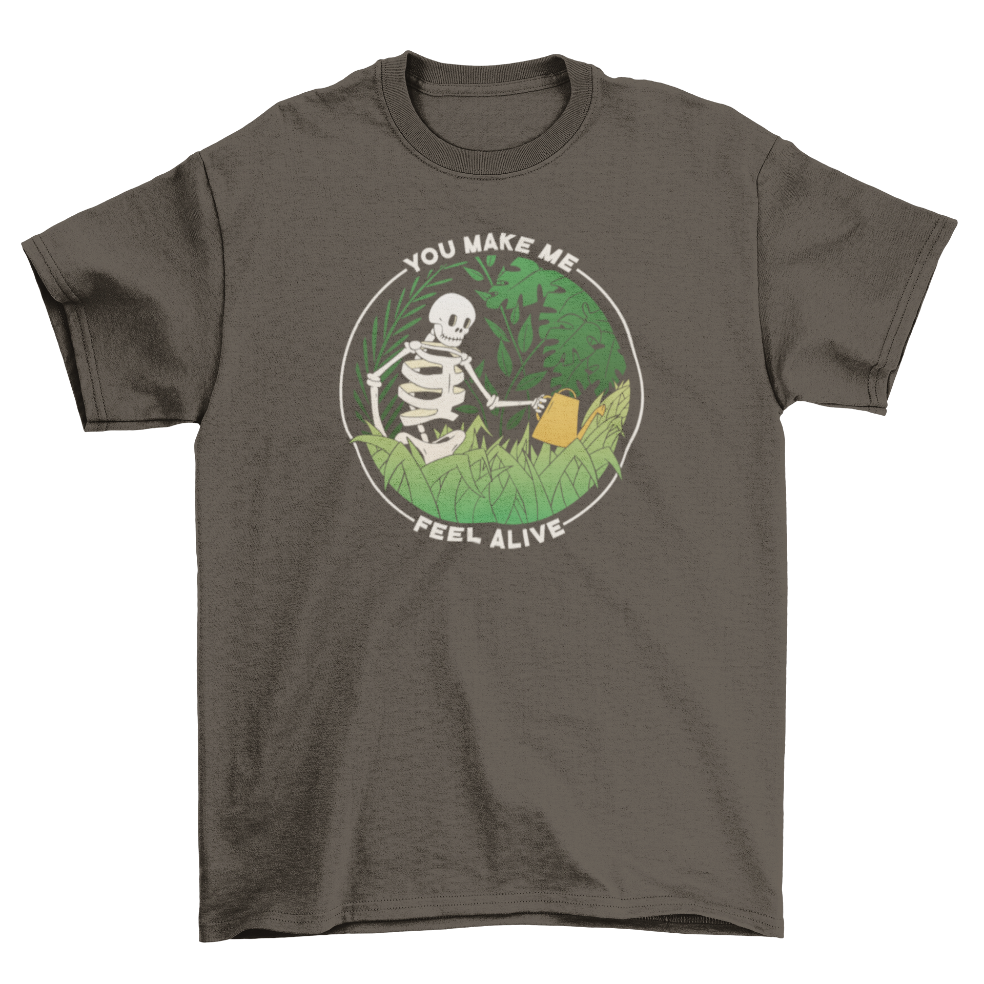 A stylish t-shirt featuring a skeleton watering plants with the quote 'You make me feel alive', perfect for plant lovers.