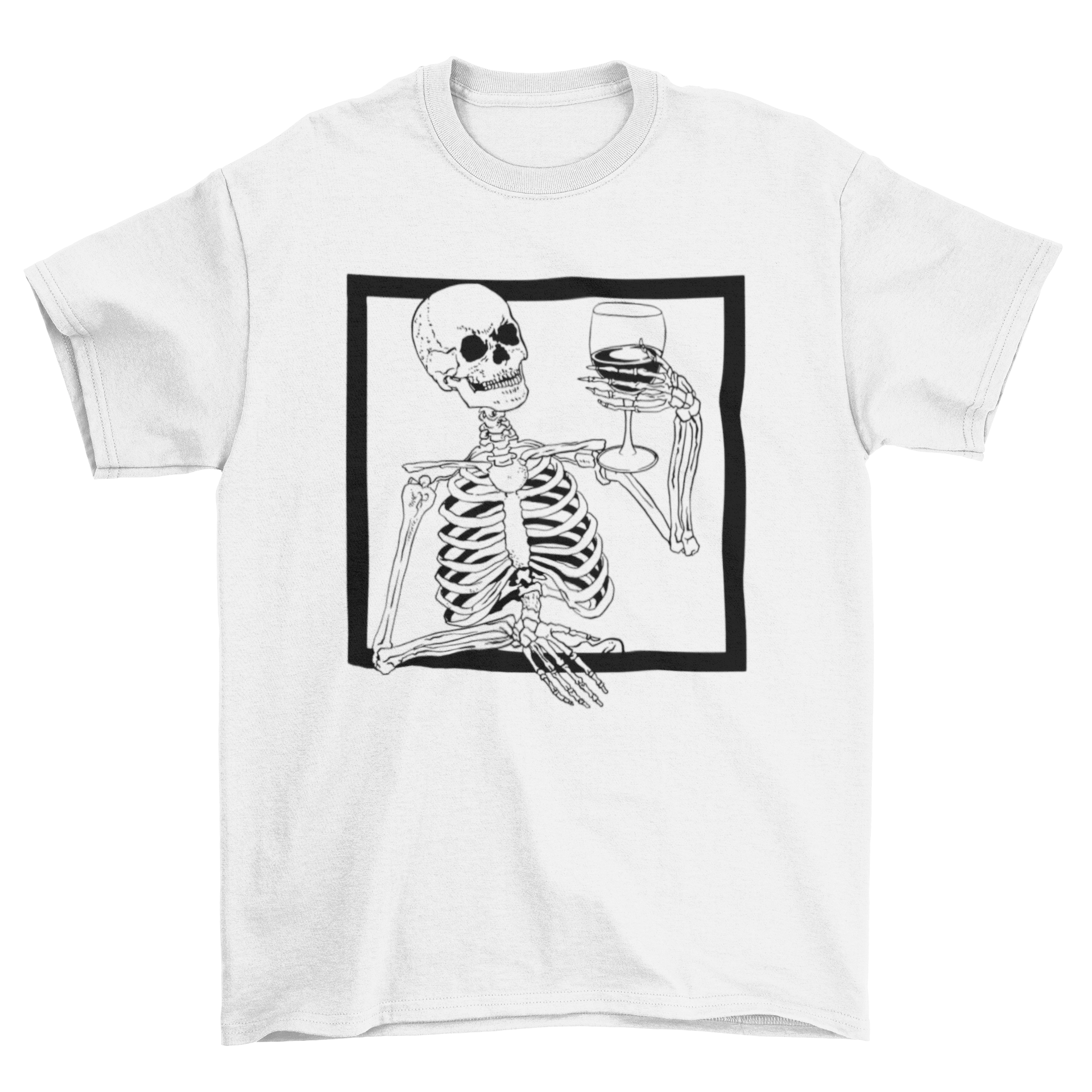 A playful skeleton design on a t-shirt, holding a glass of wine, perfect for Halloween and wine lovers.