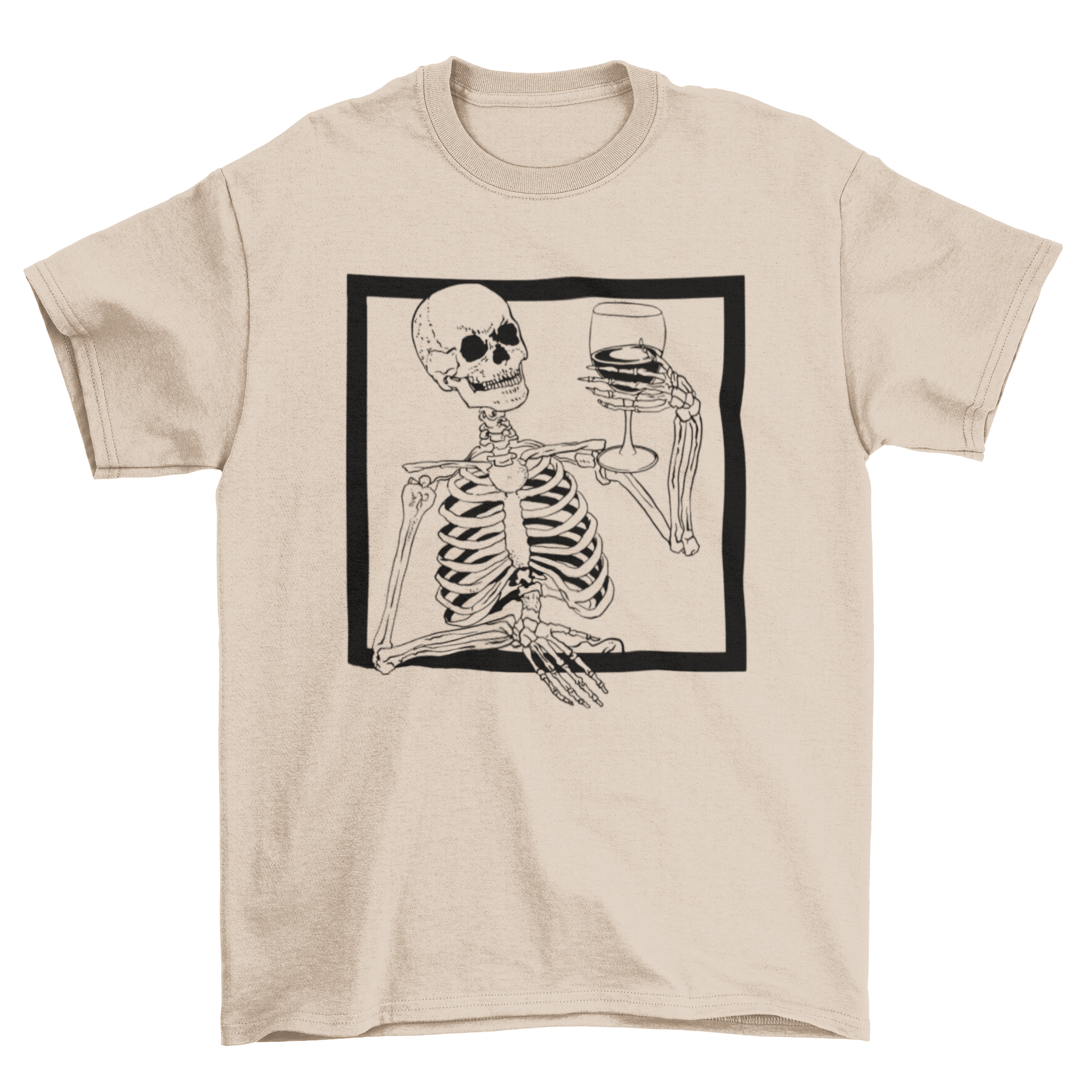 A playful skeleton design on a t-shirt, holding a glass of wine, perfect for Halloween and wine lovers.