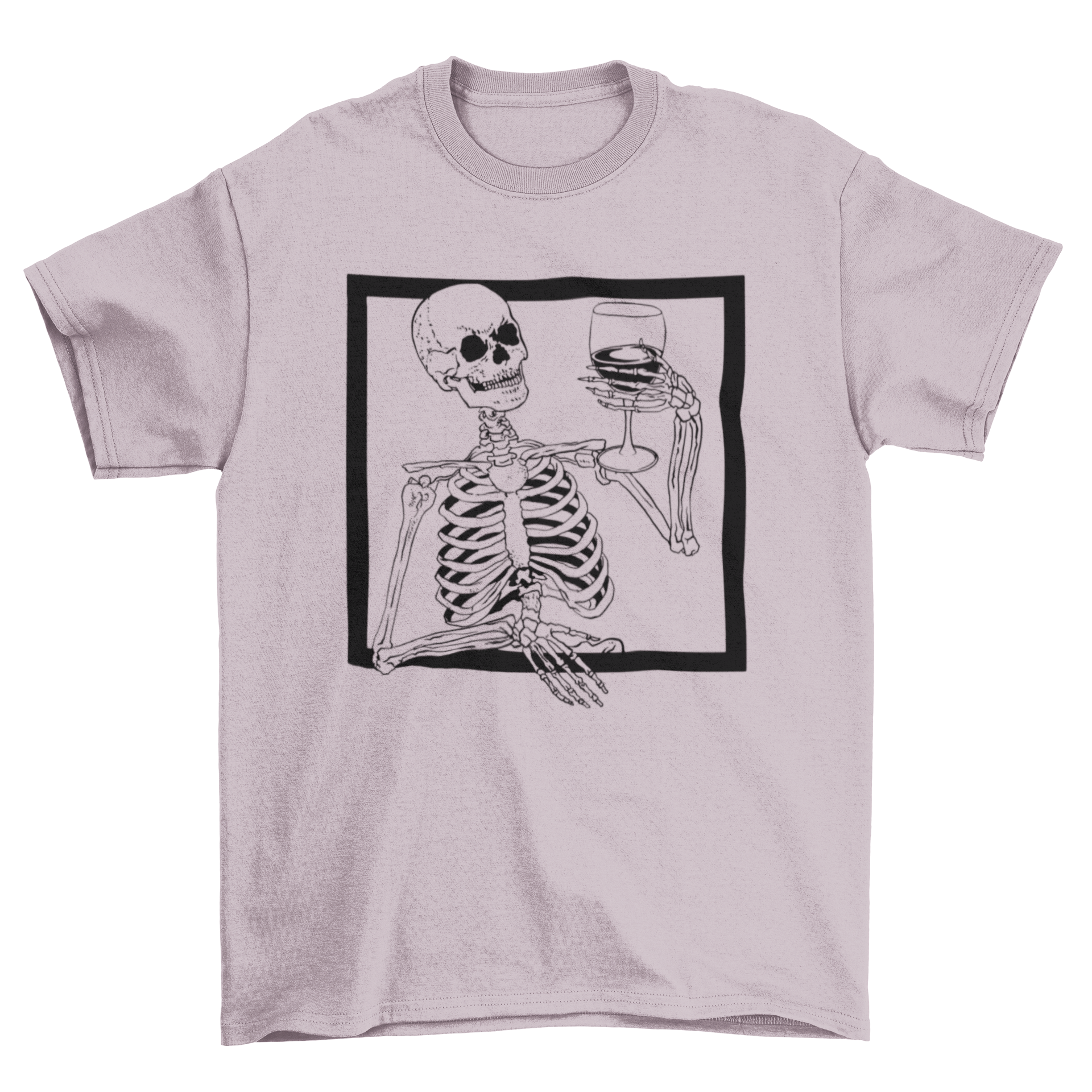 A playful skeleton design on a t-shirt, holding a glass of wine, perfect for Halloween and wine lovers.