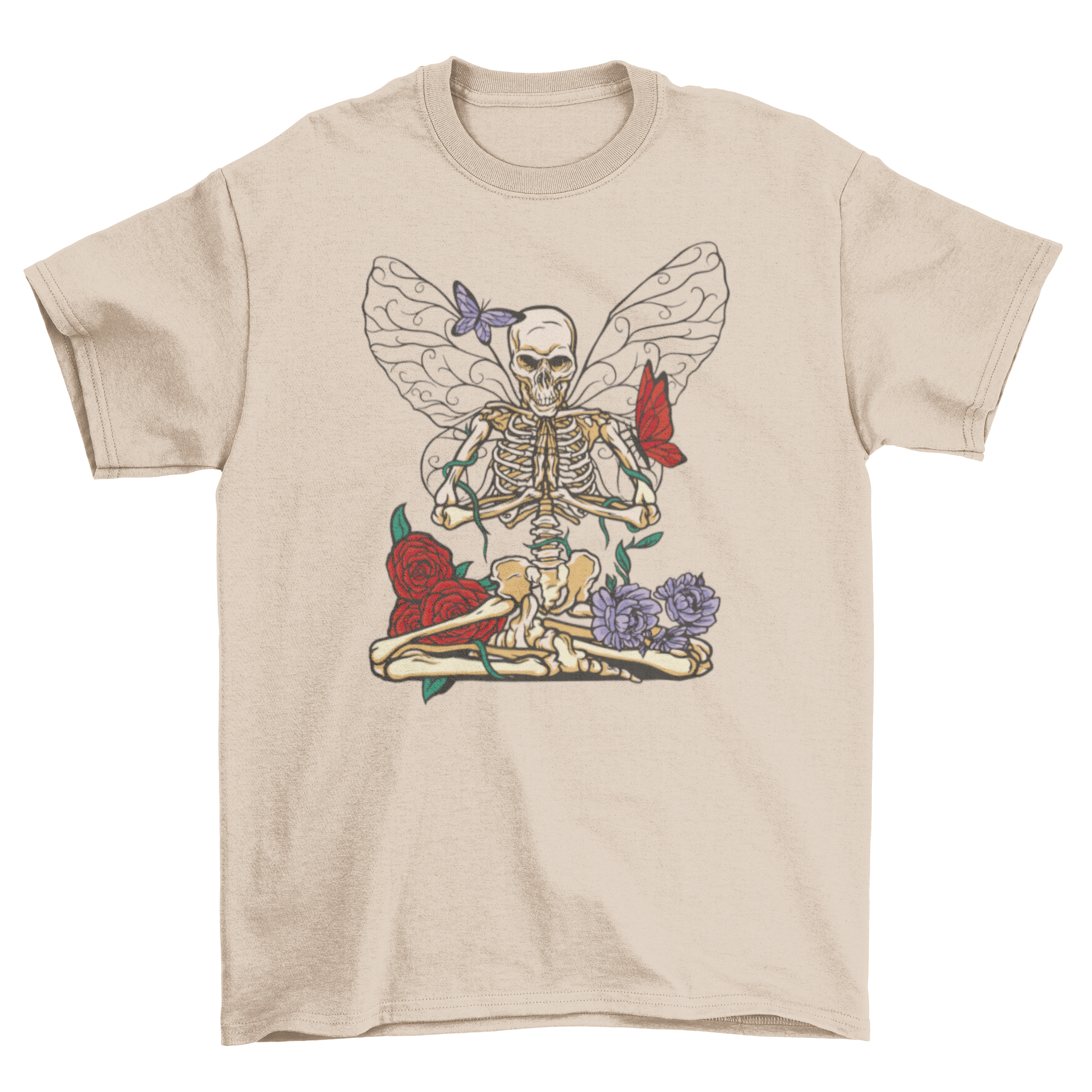 A stylish t-shirt featuring a skeleton with colorful flowers and wings, showcasing a unique and artistic design.