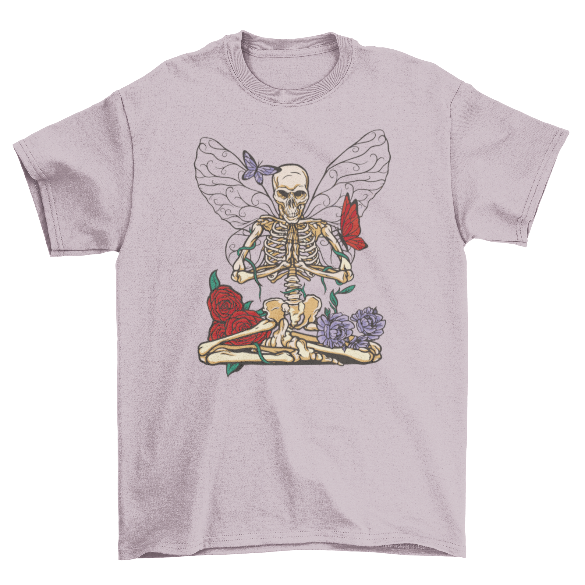 A stylish t-shirt featuring a skeleton with colorful flowers and wings, showcasing a unique and artistic design.