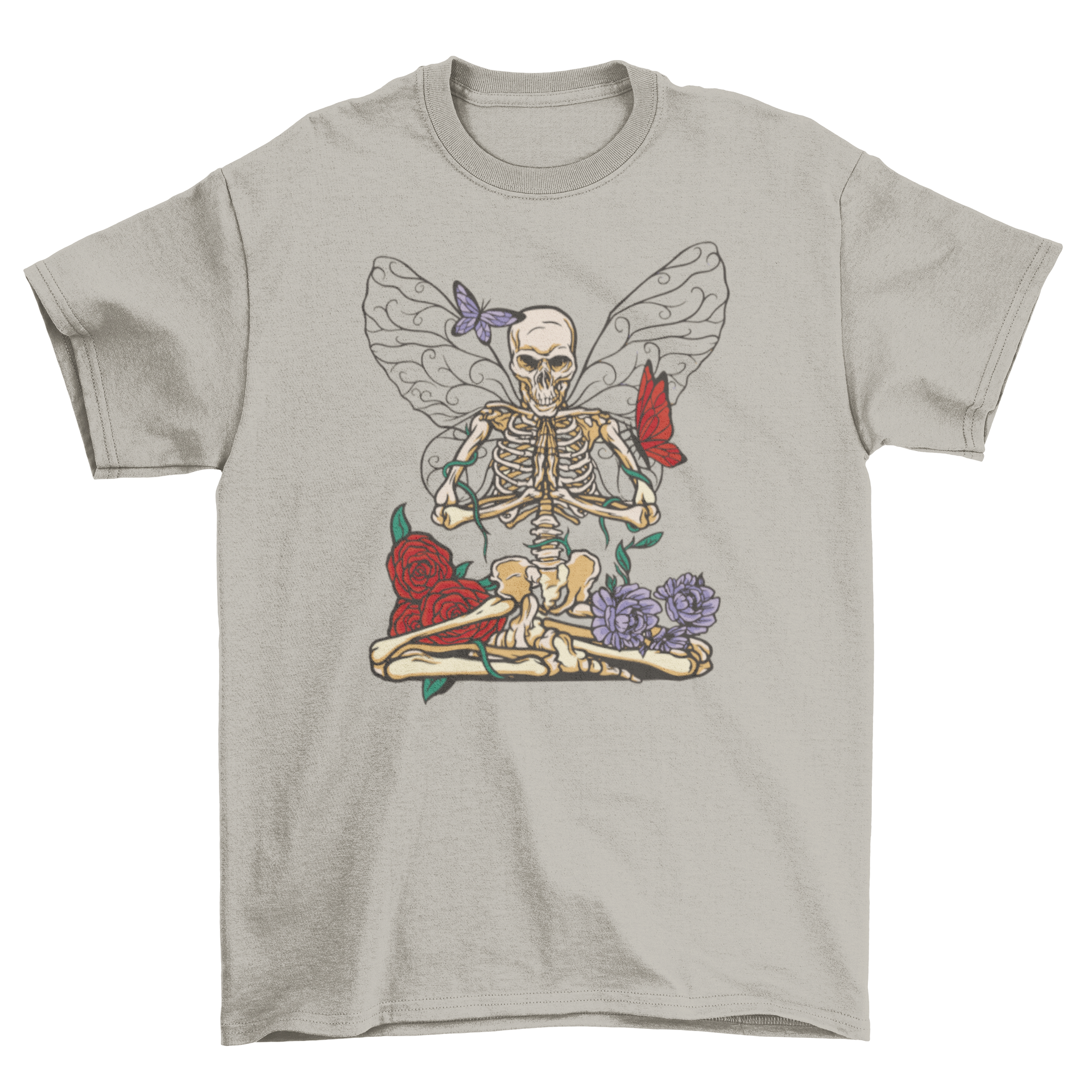 A stylish t-shirt featuring a skeleton with colorful flowers and wings, showcasing a unique and artistic design.