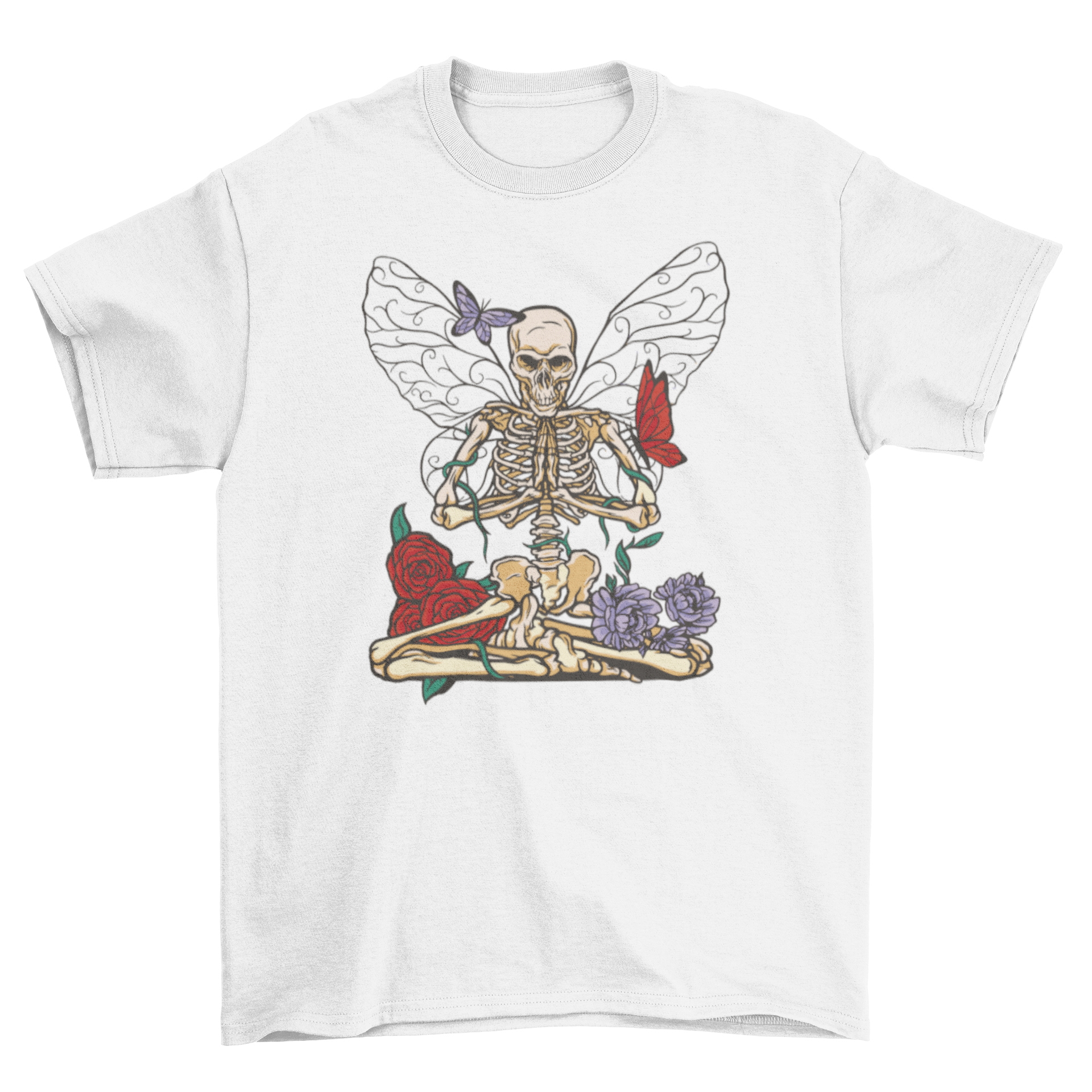 A stylish t-shirt featuring a skeleton with colorful flowers and wings, showcasing a unique and artistic design.