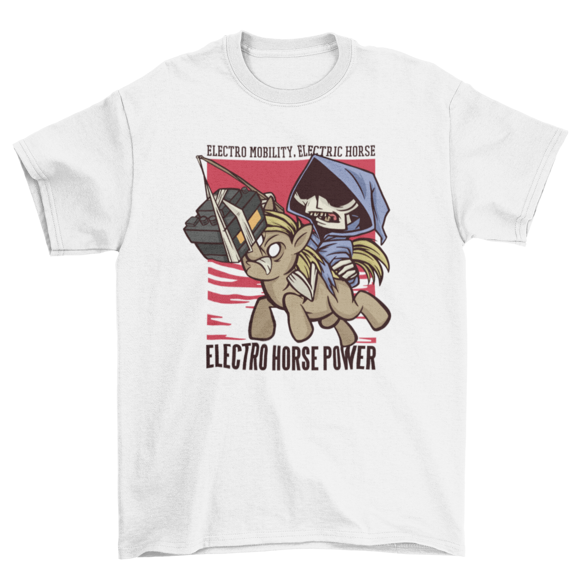 A stylish t-shirt featuring a skeleton riding a horse with the caption about electro mobility.