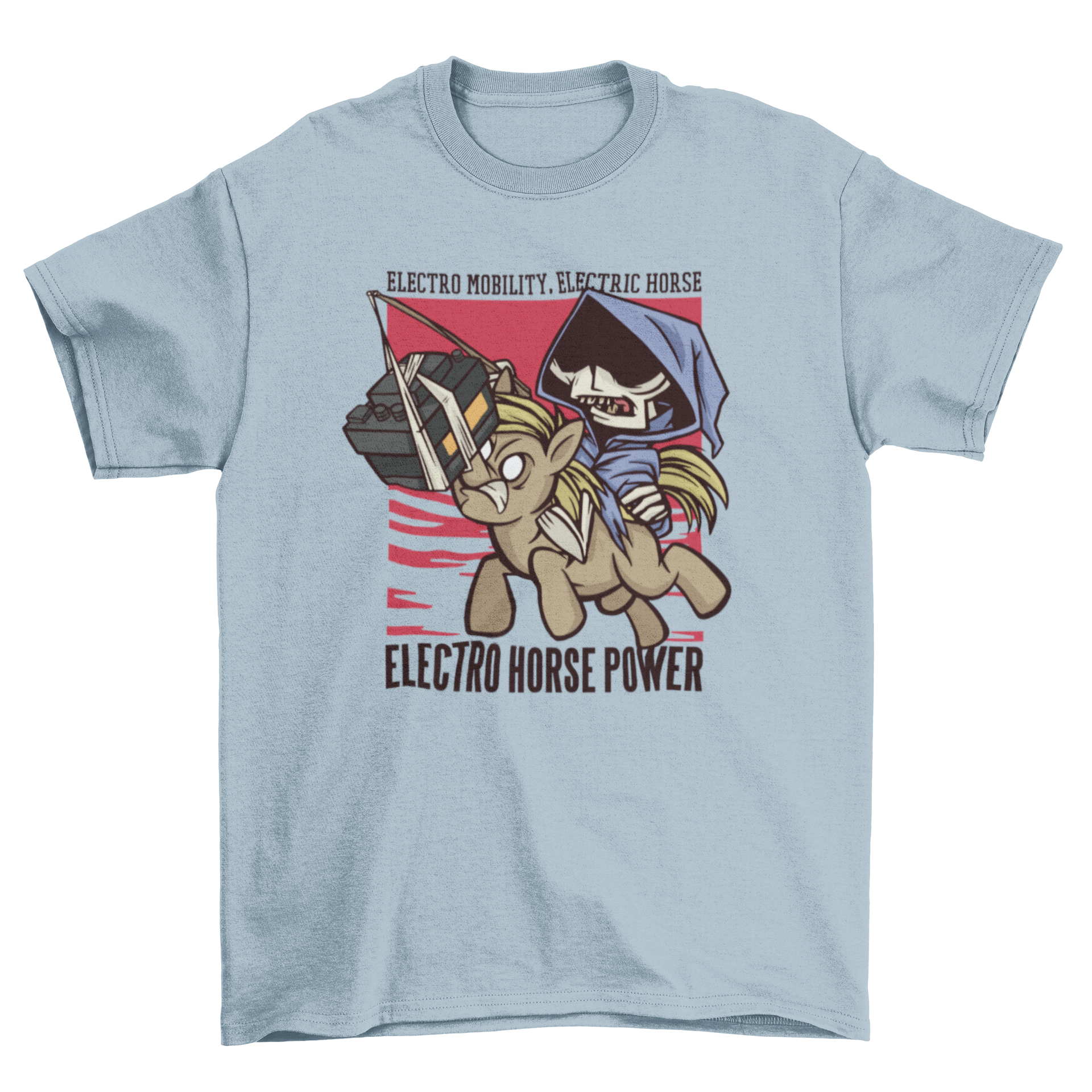 A stylish t-shirt featuring a skeleton riding a horse with the caption about electro mobility.