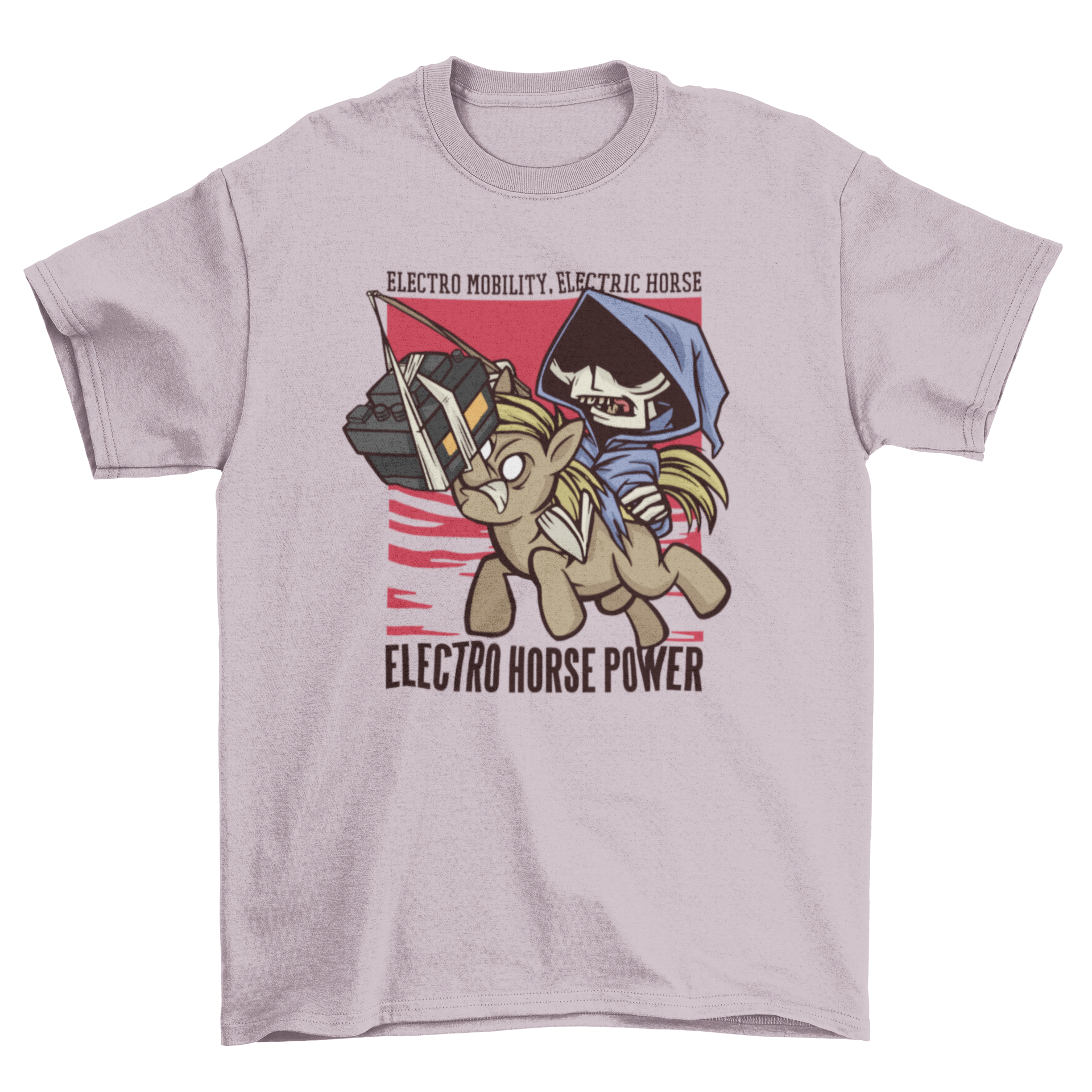 A stylish t-shirt featuring a skeleton riding a horse with the caption about electro mobility.