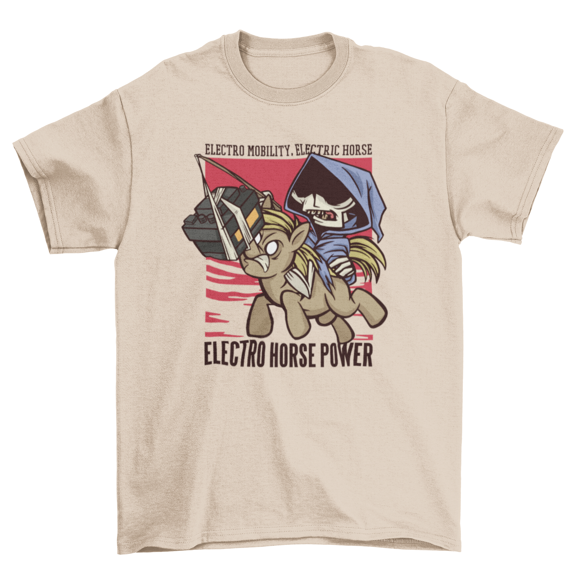 A stylish t-shirt featuring a skeleton riding a horse with the caption about electro mobility.