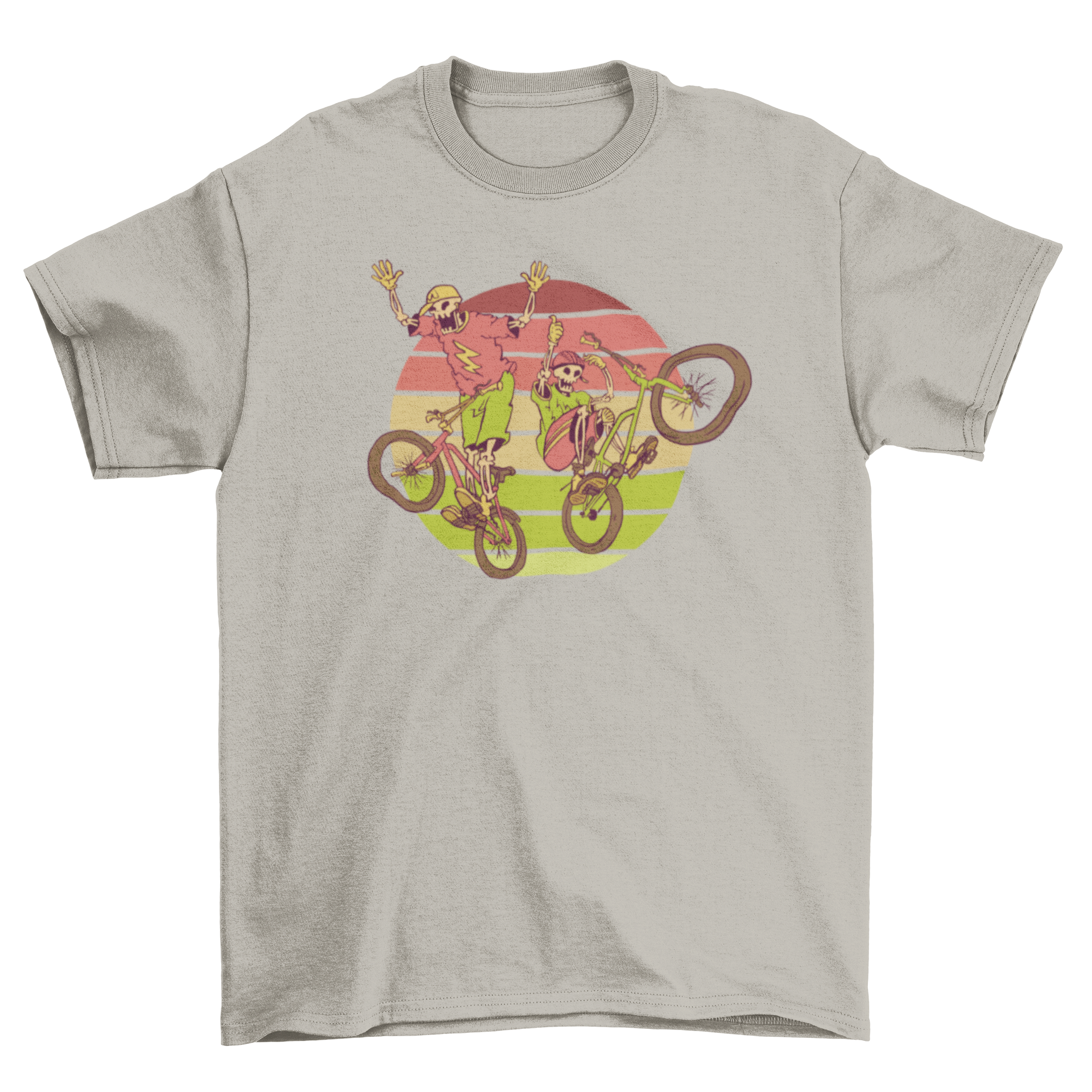 A stylish t-shirt featuring two skeletons riding BMX bikes, showcasing a unique and fun design.