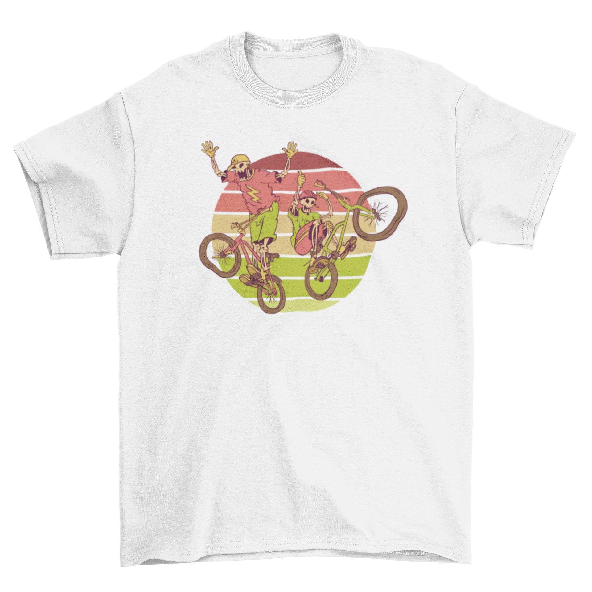 A stylish t-shirt featuring two skeletons riding BMX bikes, showcasing a unique and fun design.