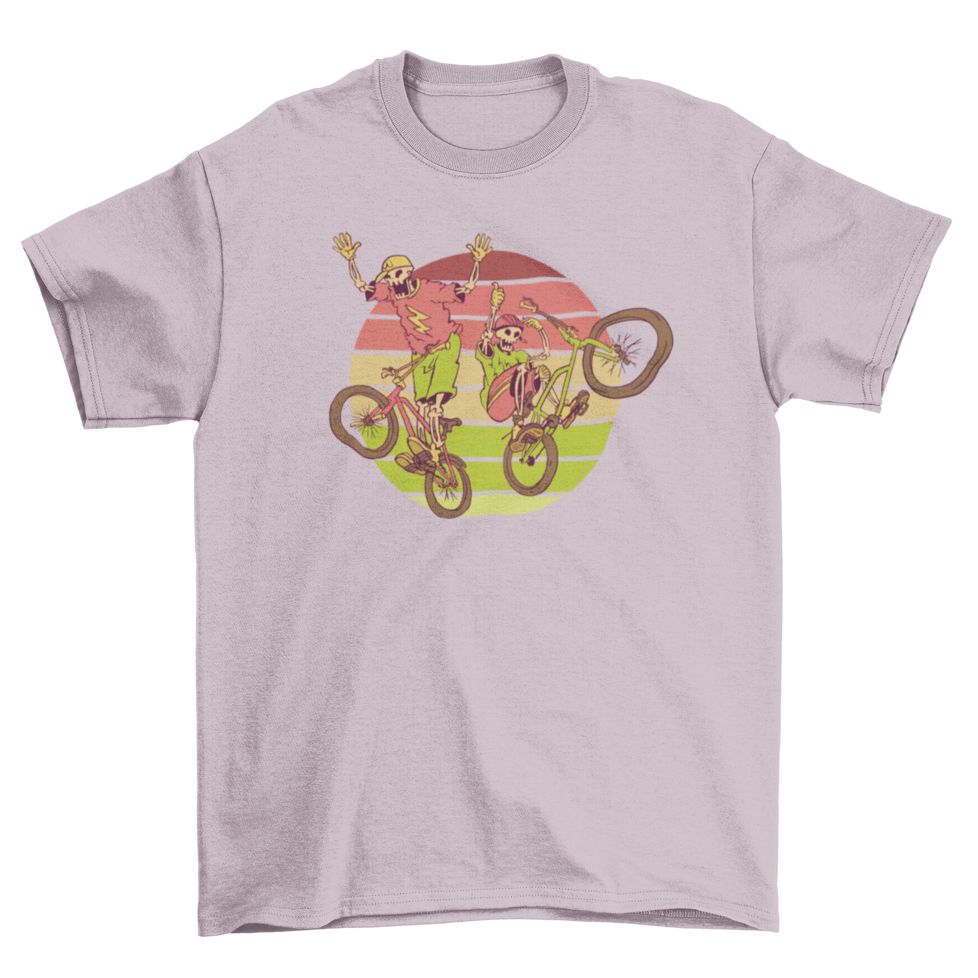 A stylish t-shirt featuring two skeletons riding BMX bikes, showcasing a unique and fun design.