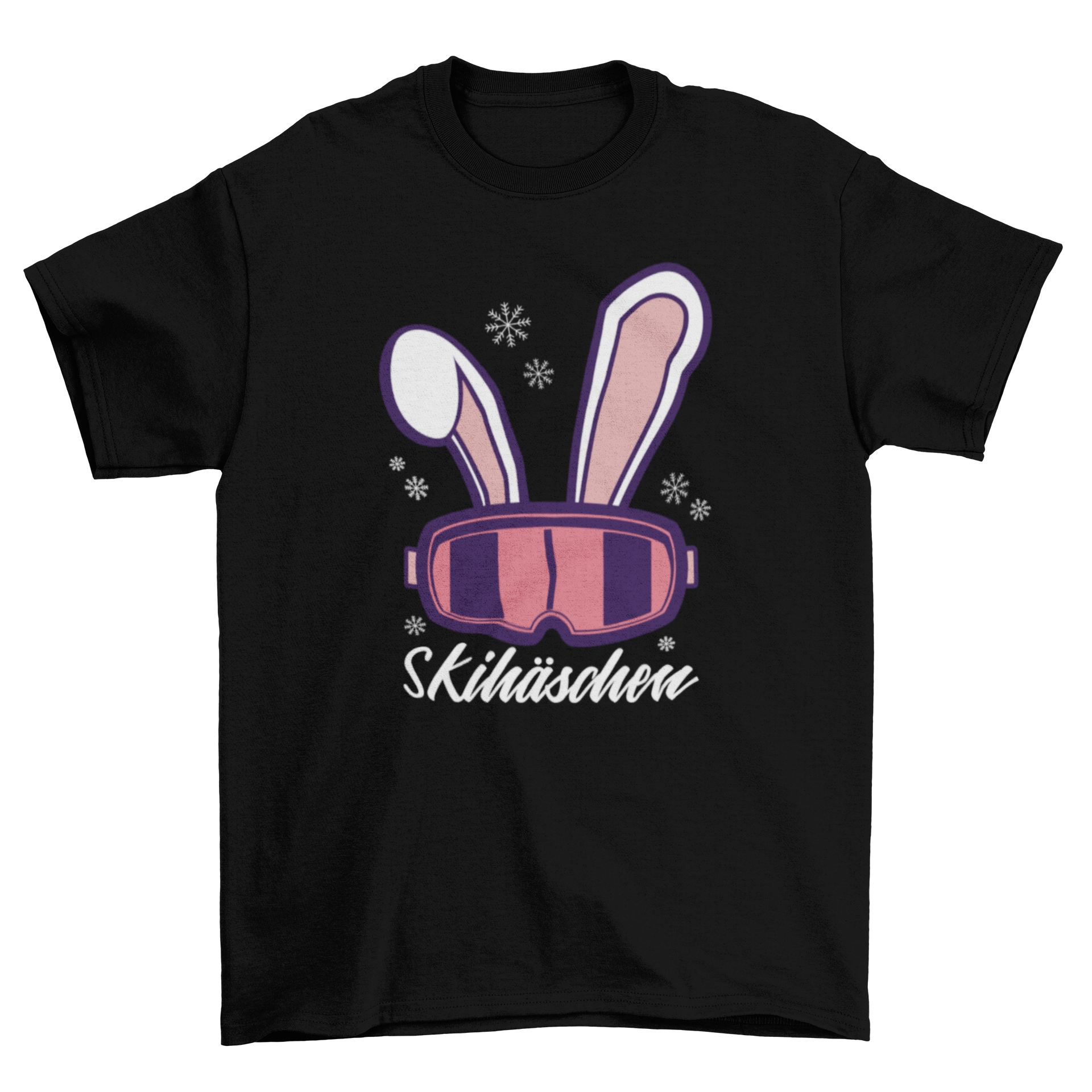 Ski Bunny German T-shirt featuring snow goggles and bunny ears design with the word SKIHÄSCHEN in German.