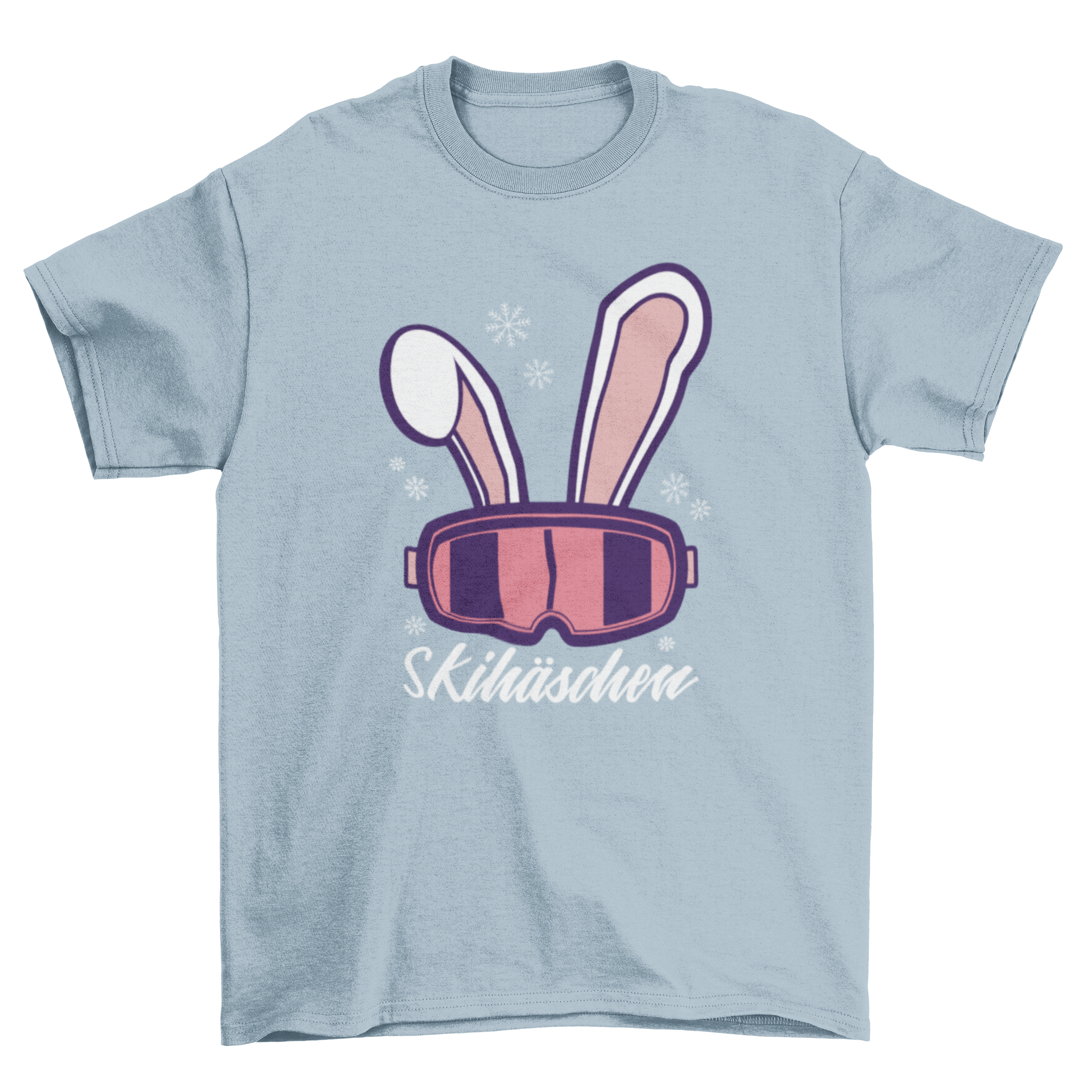 Ski Bunny German T-shirt featuring snow goggles and bunny ears design with the word SKIHÄSCHEN in German.