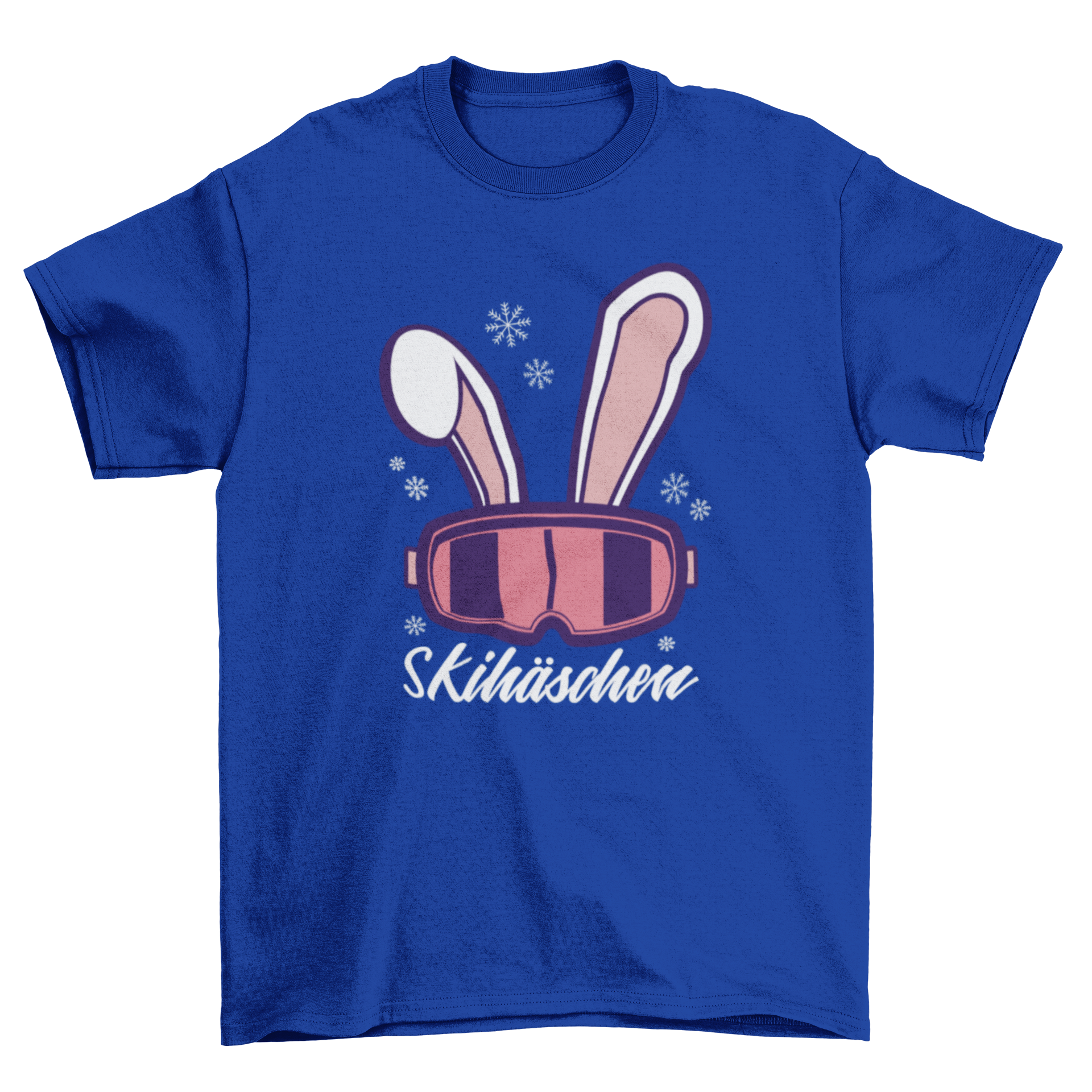 Ski Bunny German T-shirt featuring snow goggles and bunny ears design with the word SKIHÄSCHEN in German.