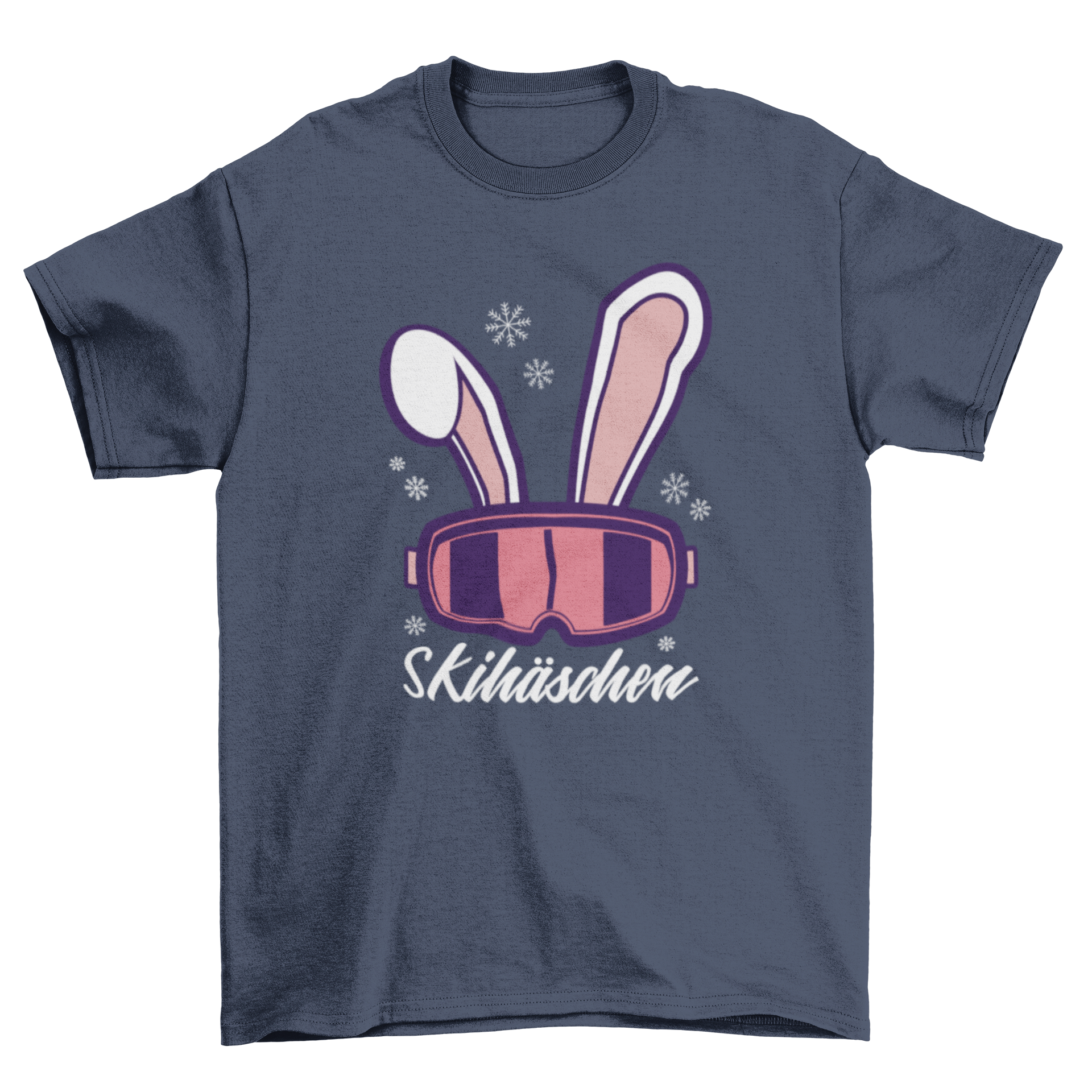 Ski Bunny German T-shirt featuring snow goggles and bunny ears design with the word SKIHÄSCHEN in German.