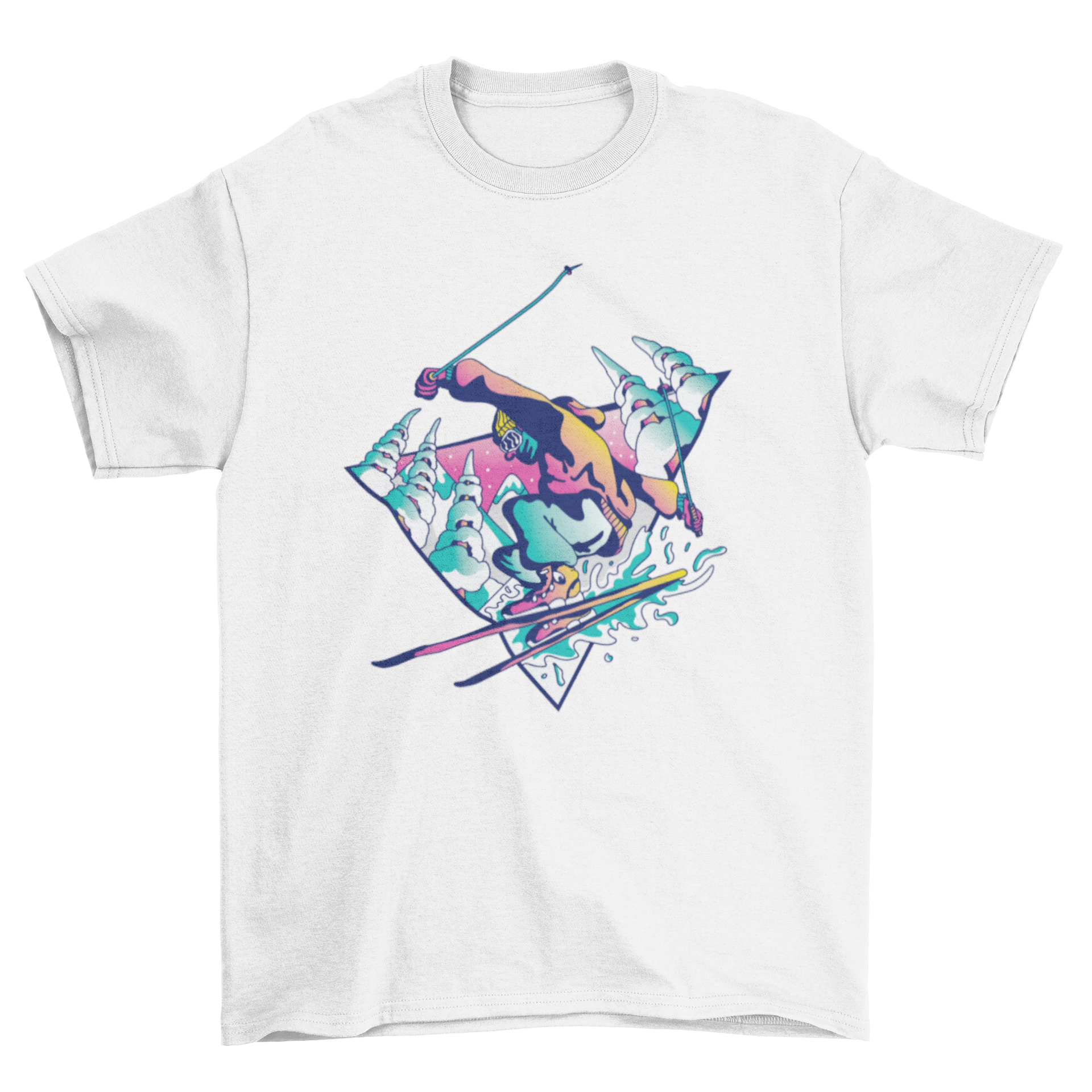 Ski Guy T-Shirt featuring a man skiing with snowy pines in the background, showcasing a vibrant and stylish design.