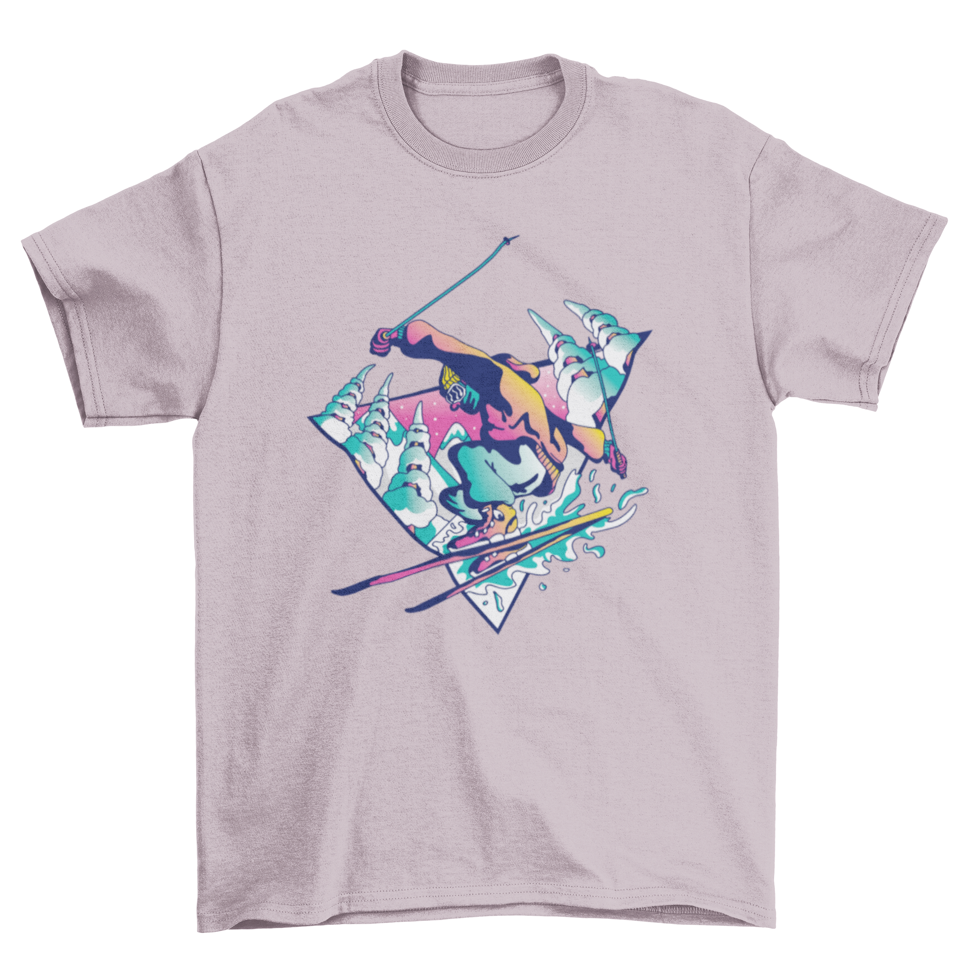 Ski Guy T-Shirt featuring a man skiing with snowy pines in the background, showcasing a vibrant and stylish design.