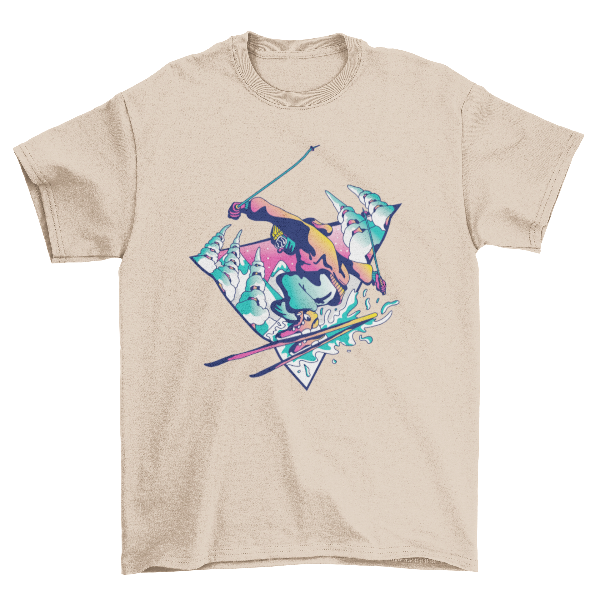 Ski Guy T-Shirt featuring a man skiing with snowy pines in the background, showcasing a vibrant and stylish design.