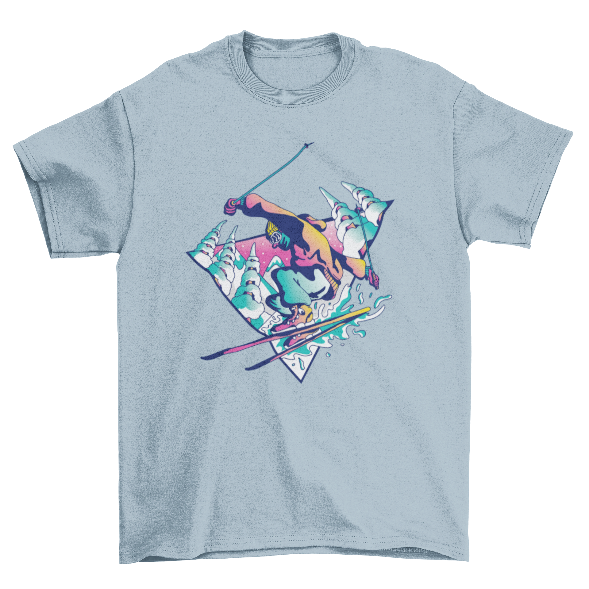 Ski Guy T-Shirt featuring a man skiing with snowy pines in the background, showcasing a vibrant and stylish design.