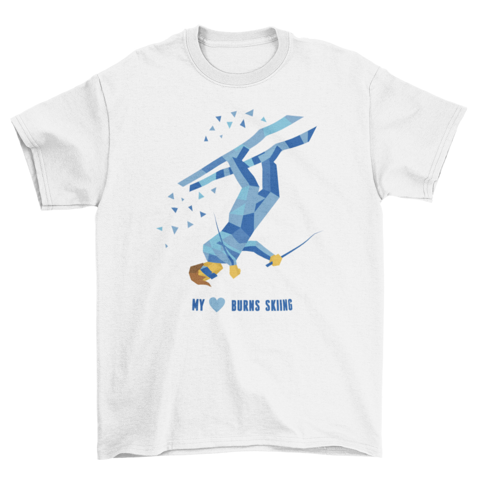 Ski Heart T-Shirt featuring a skier jumping with the quote 'My heart burns skiing' in vibrant colors.