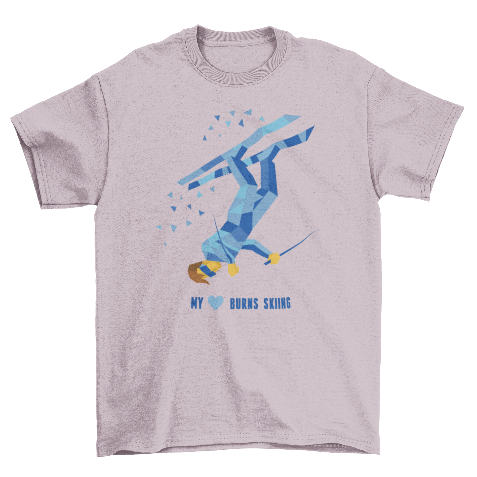 Ski Heart T-Shirt featuring a skier jumping with the quote 'My heart burns skiing' in vibrant colors.