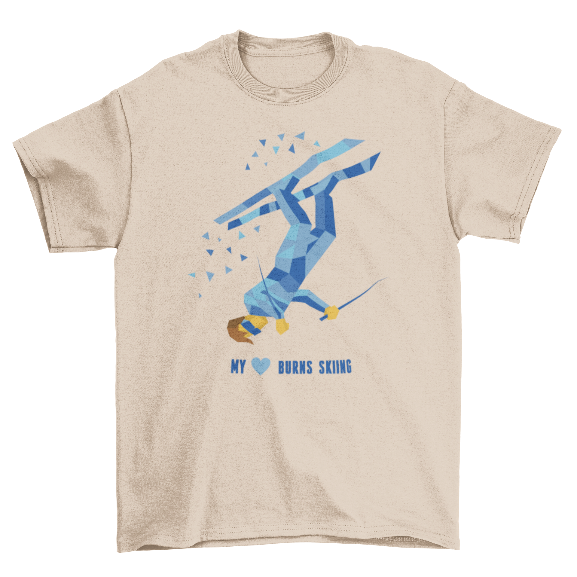 Ski Heart T-Shirt featuring a skier jumping with the quote 'My heart burns skiing' in vibrant colors.