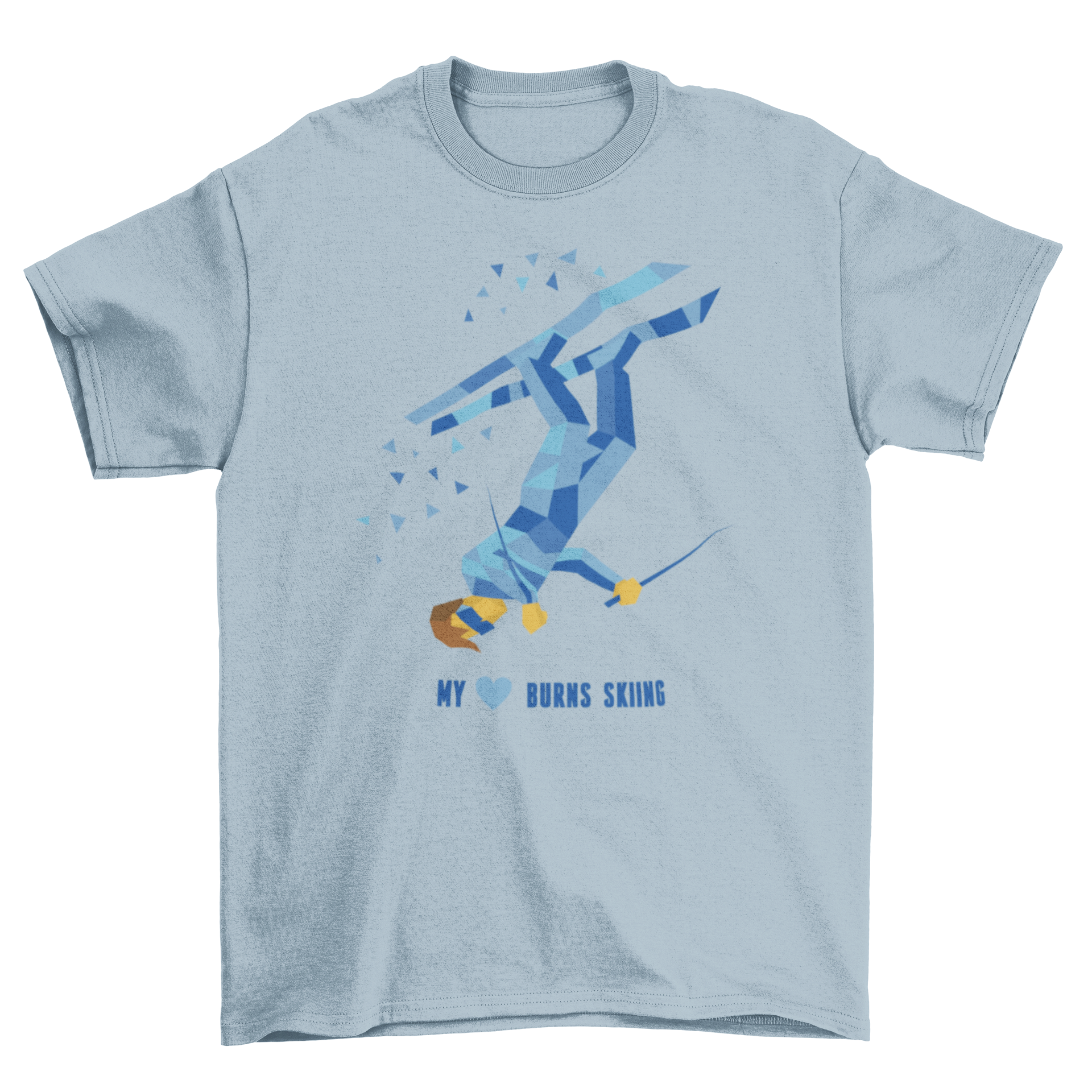 Ski Heart T-Shirt featuring a skier jumping with the quote 'My heart burns skiing' in vibrant colors.