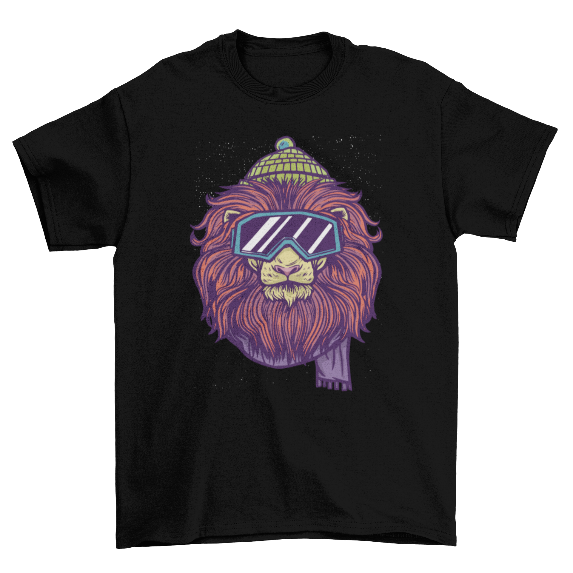 A stylish t-shirt featuring a lion in ski gear, showcasing vibrant colors and a fun design.