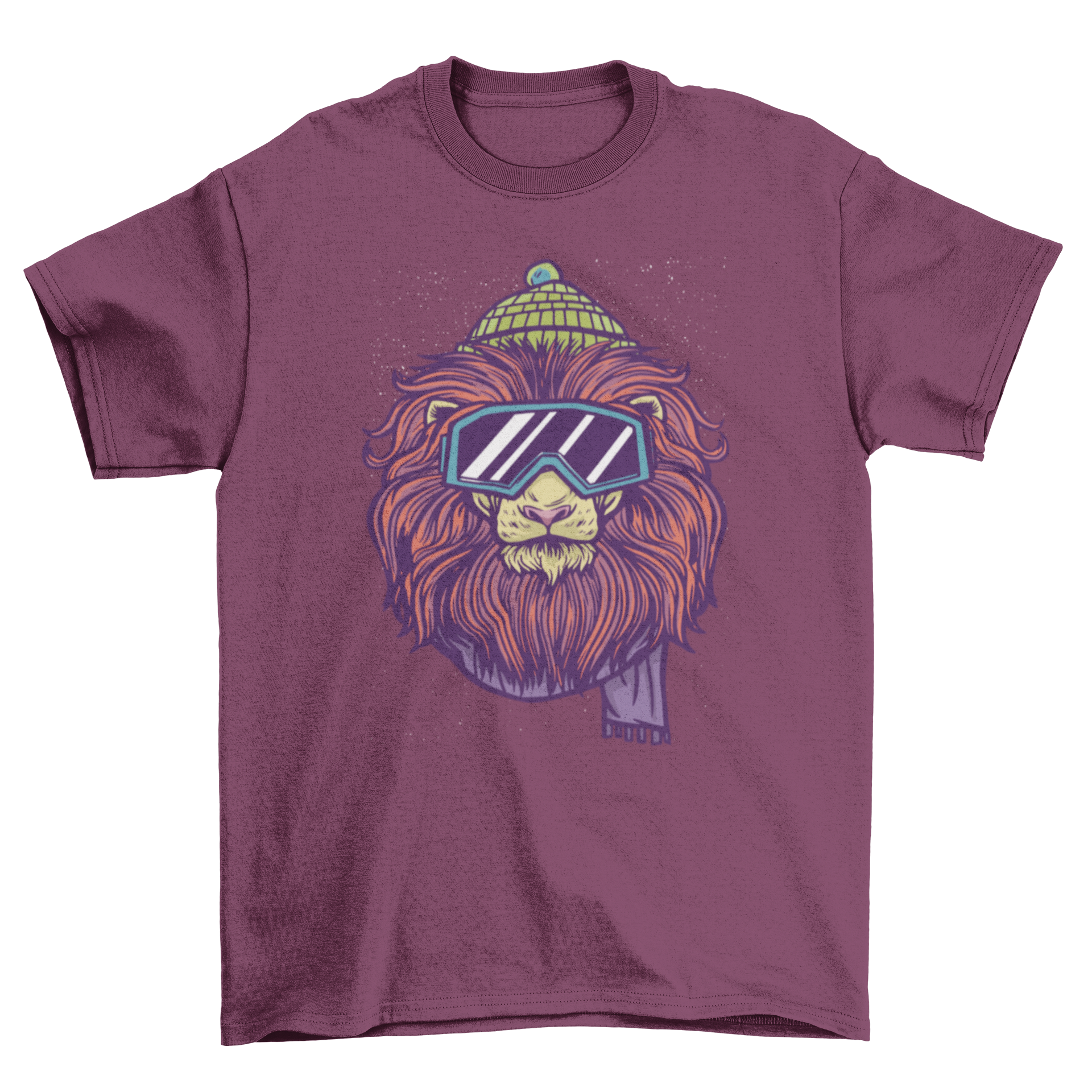 A stylish t-shirt featuring a lion in ski gear, showcasing vibrant colors and a fun design.