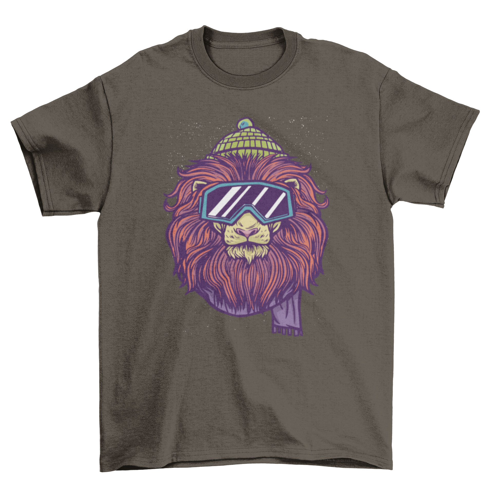 A stylish t-shirt featuring a lion in ski gear, showcasing vibrant colors and a fun design.