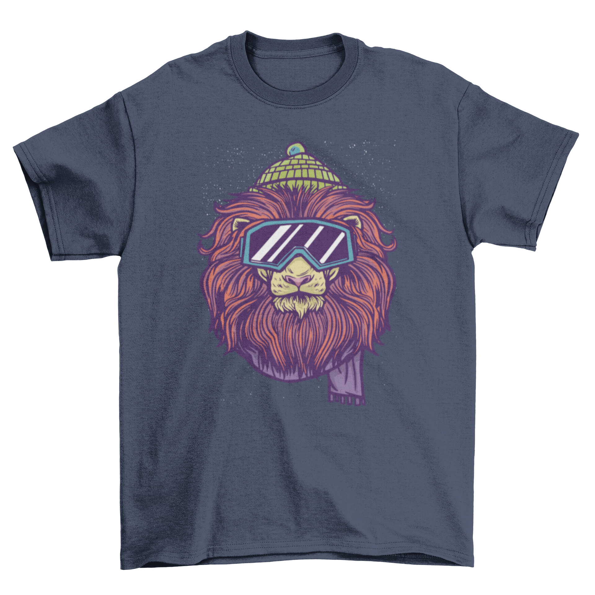 A stylish t-shirt featuring a lion in ski gear, showcasing vibrant colors and a fun design.