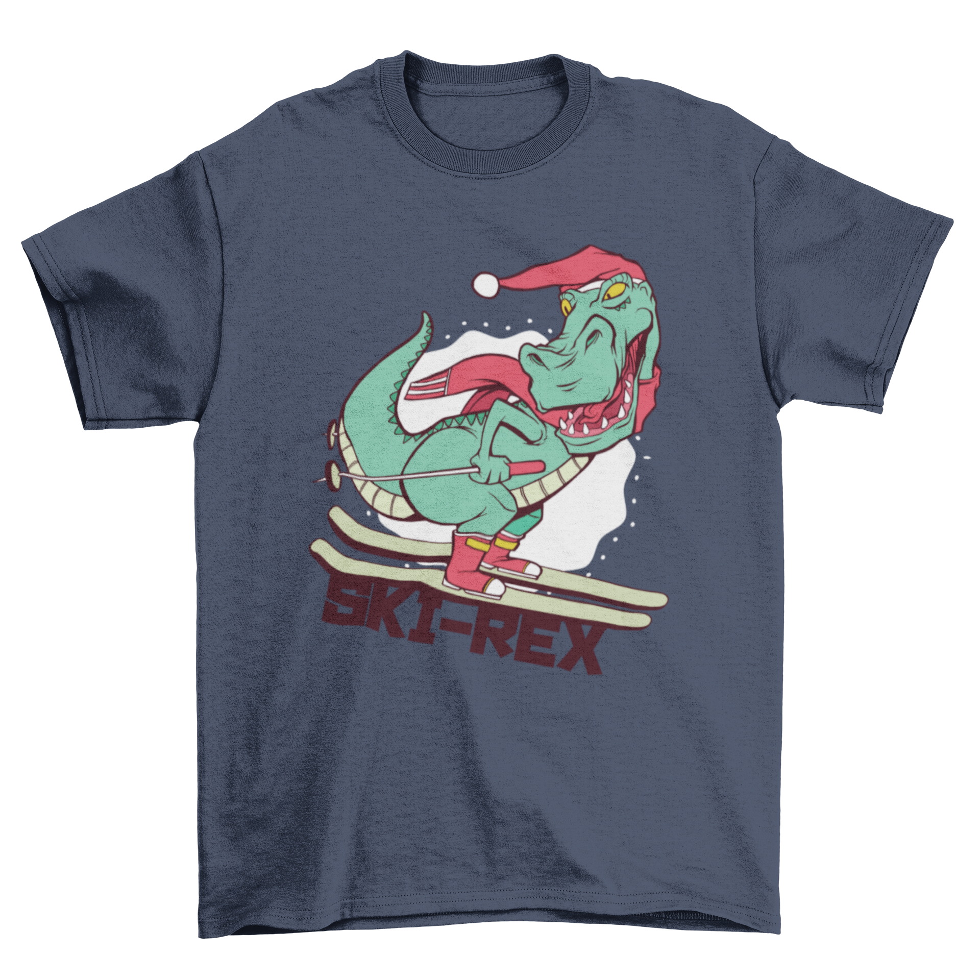 A playful T-shirt featuring a T-Rex skiing with the quote 'Ski-rex', perfect for ski and dinosaur lovers.