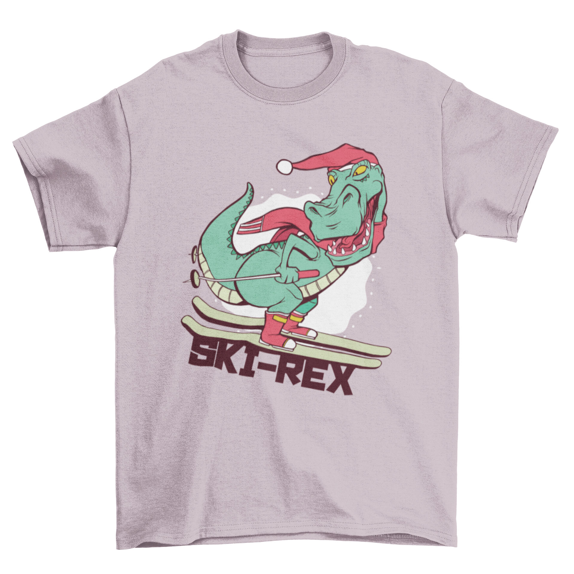 A playful T-shirt featuring a T-Rex skiing with the quote 'Ski-rex', perfect for ski and dinosaur lovers.