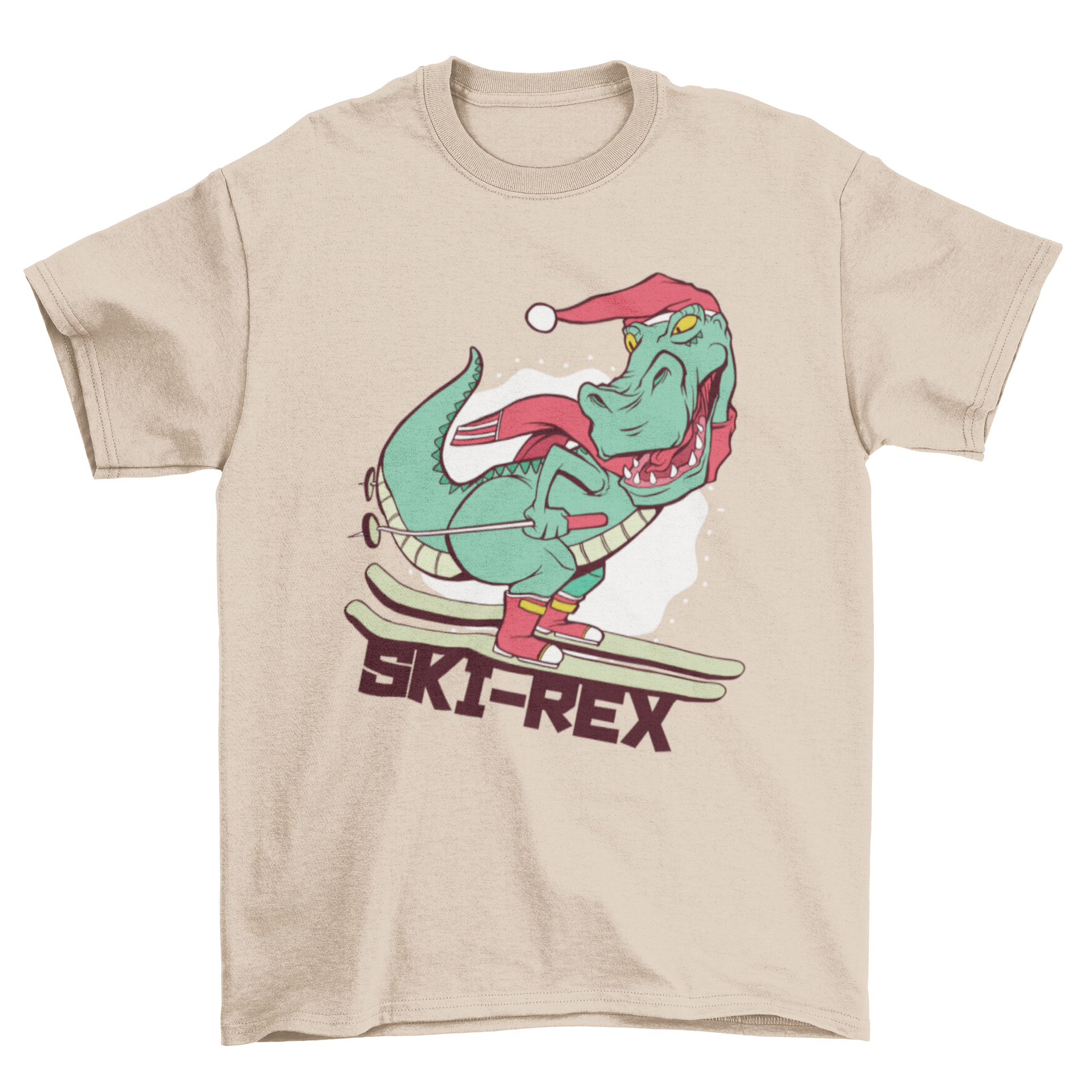 A playful T-shirt featuring a T-Rex skiing with the quote 'Ski-rex', perfect for ski and dinosaur lovers.