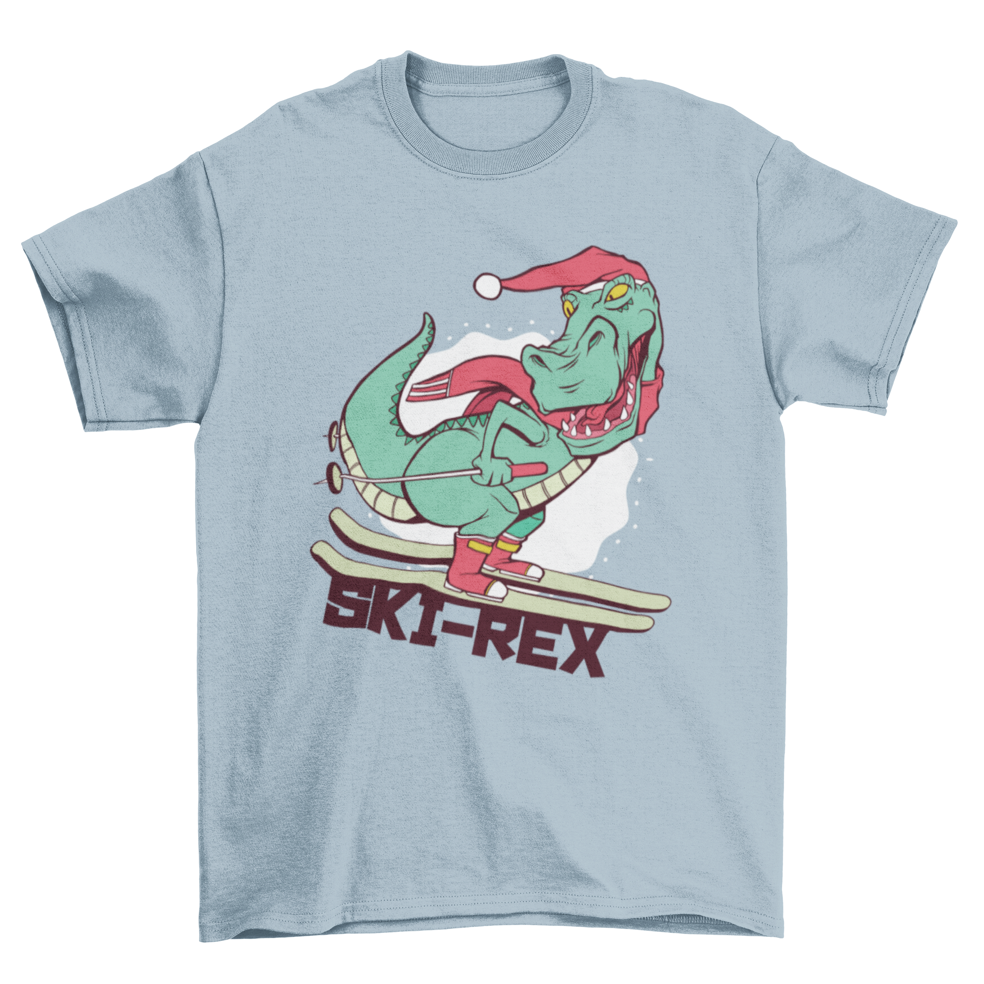 A playful T-shirt featuring a T-Rex skiing with the quote 'Ski-rex', perfect for ski and dinosaur lovers.